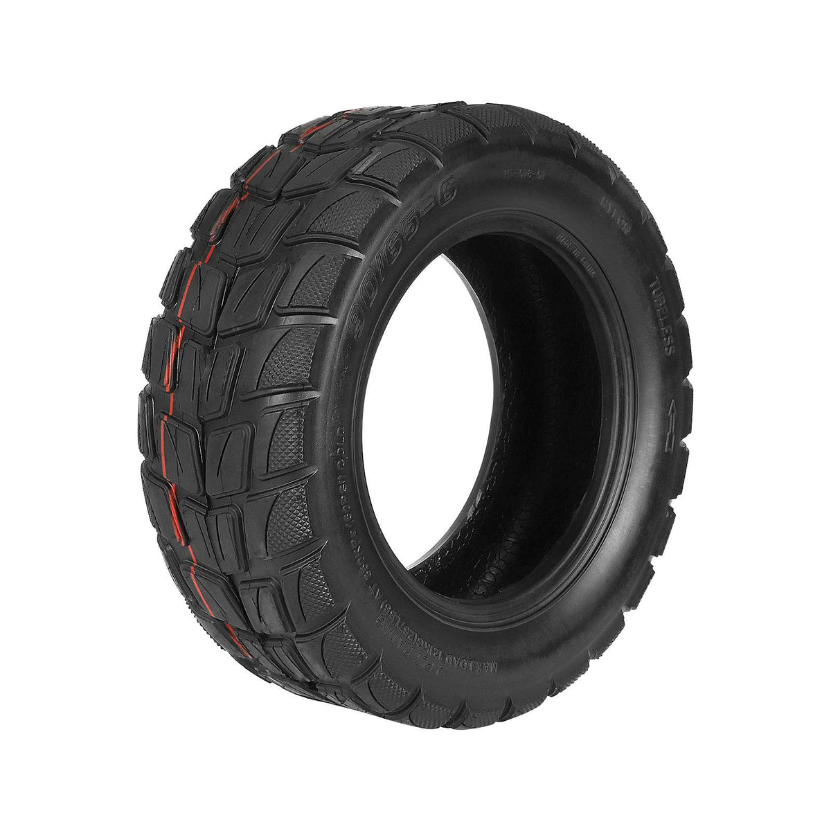 Pneu tubeless tout-terrain 11 pouces 90/65-6 noir vu de trois-quarts