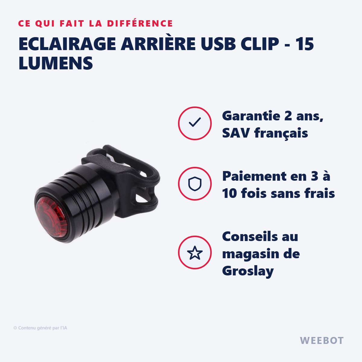 Eclairage Arrière USB Clip - 15 Lumens : les points forts
