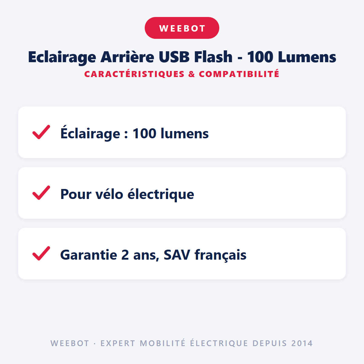 Eclairage Arrière USB Flash - 100 Lumens : caractéristiques et compatibilité
