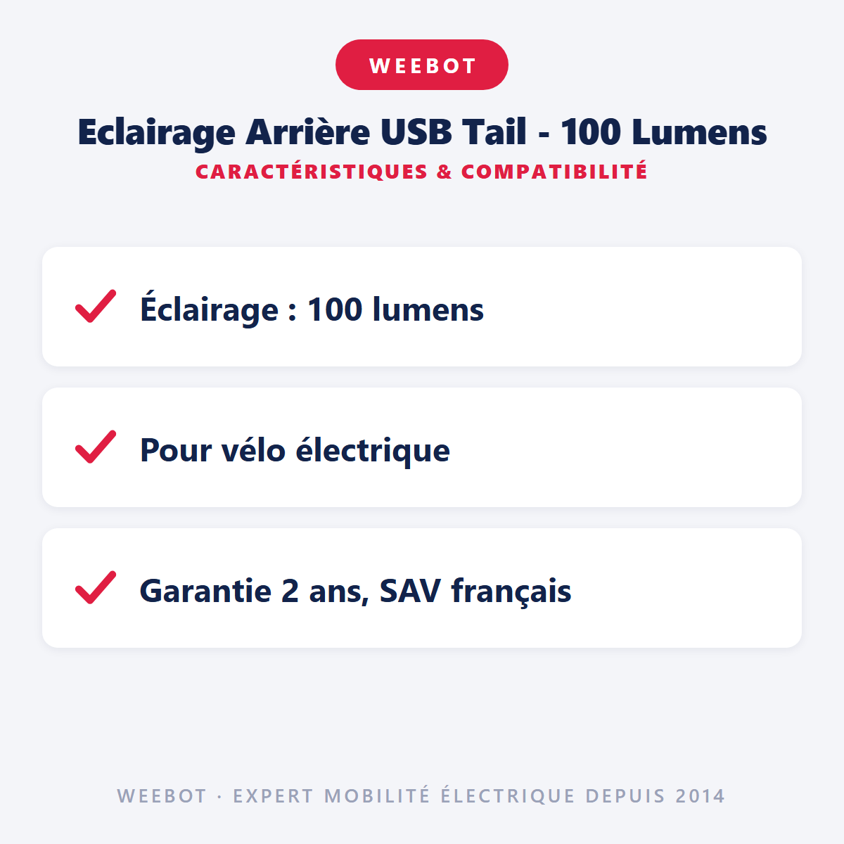 Eclairage Arrière USB Tail - 100 Lumens : caractéristiques et compatibilité