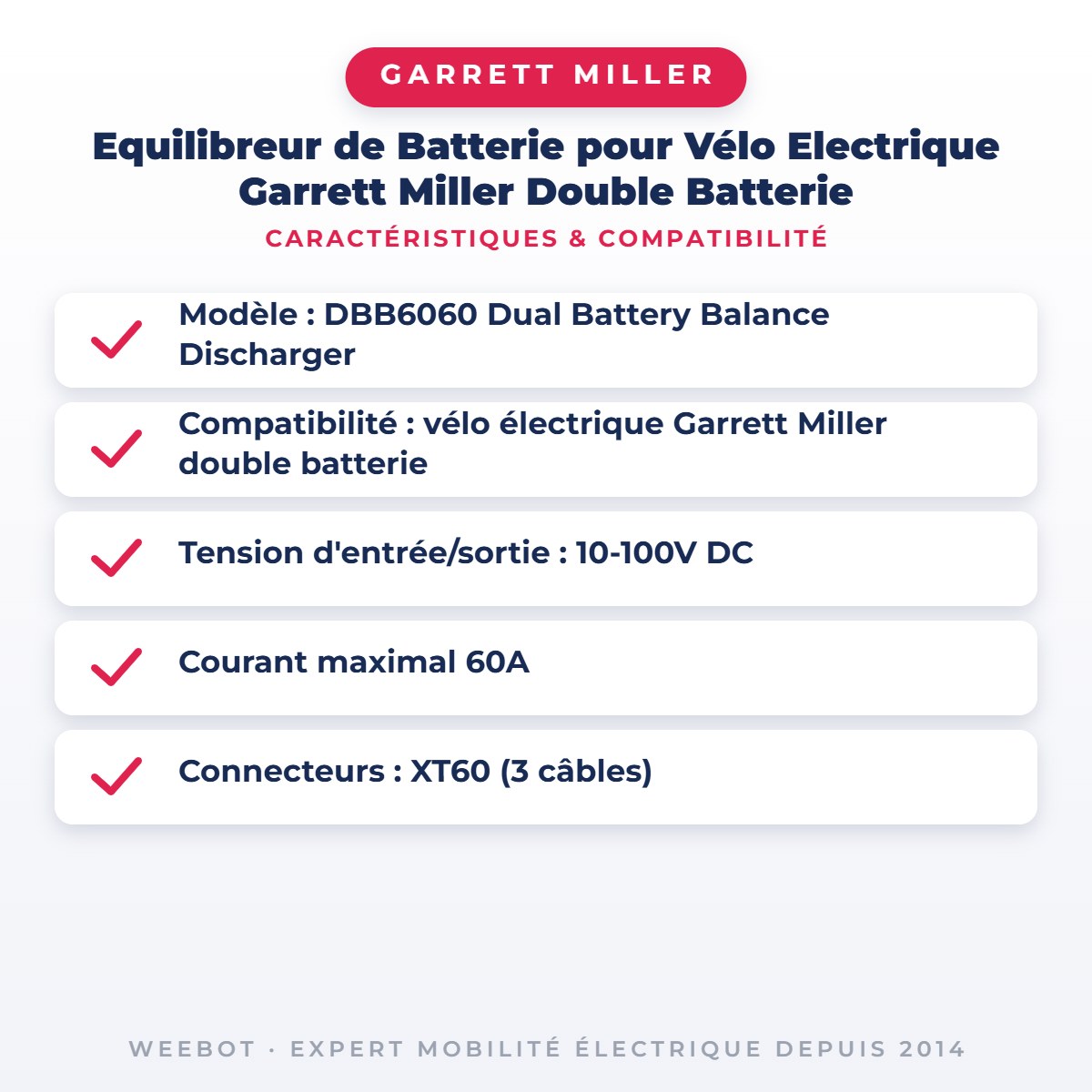 Equilibreur de Batterie pour Vélo Electrique Garrett Miller Double Batterie — caractéristiques et compatibilité
