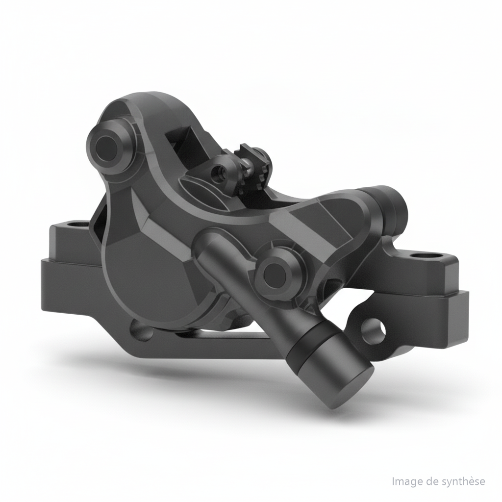 Dessin en vue 3D filaire d'un étrier de frein avant hydraulique pour trottinette électrique Dualtron X