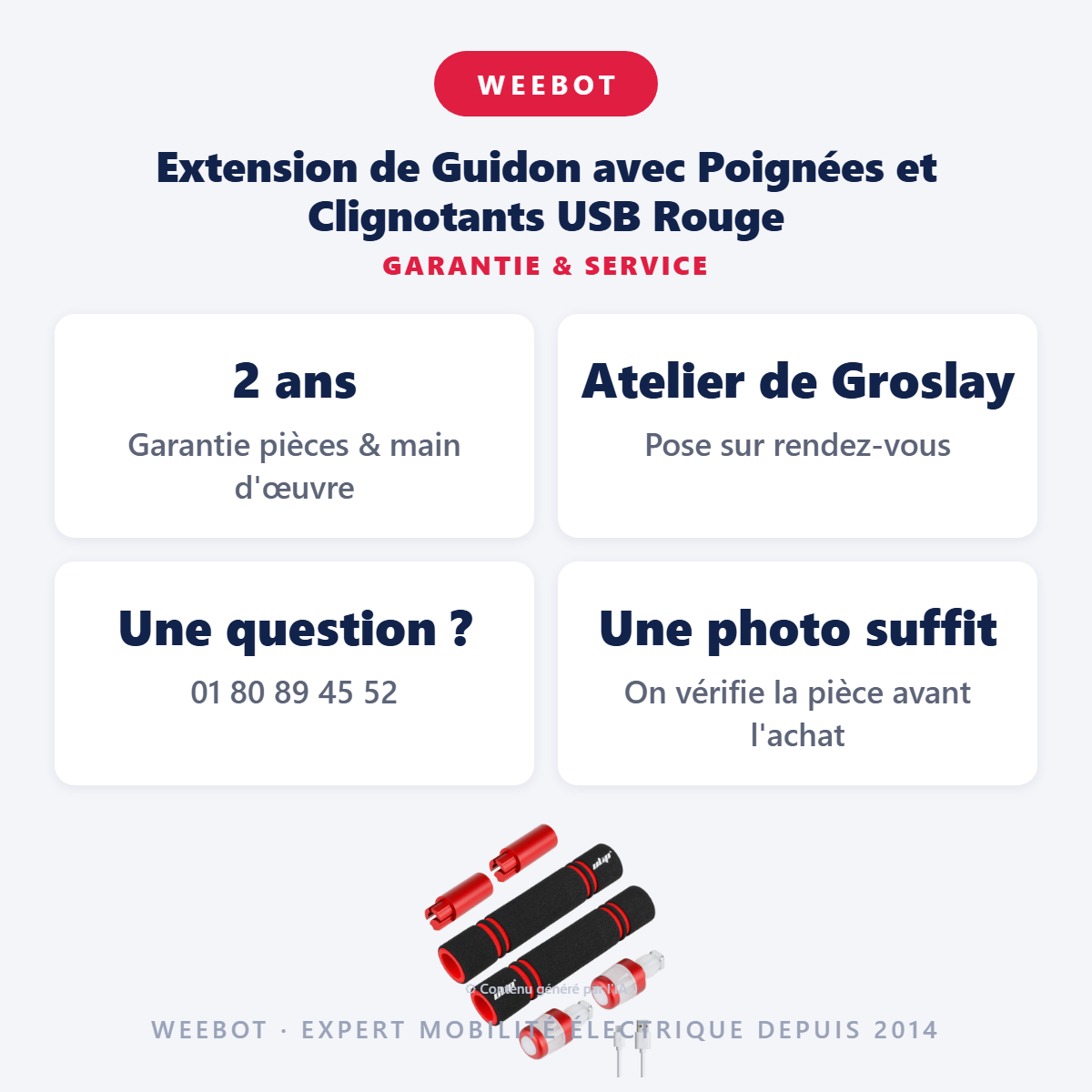 Extension de Guidon avec Poignées et Clignotants USB Rouge : garantie 2 ans et service après-vente