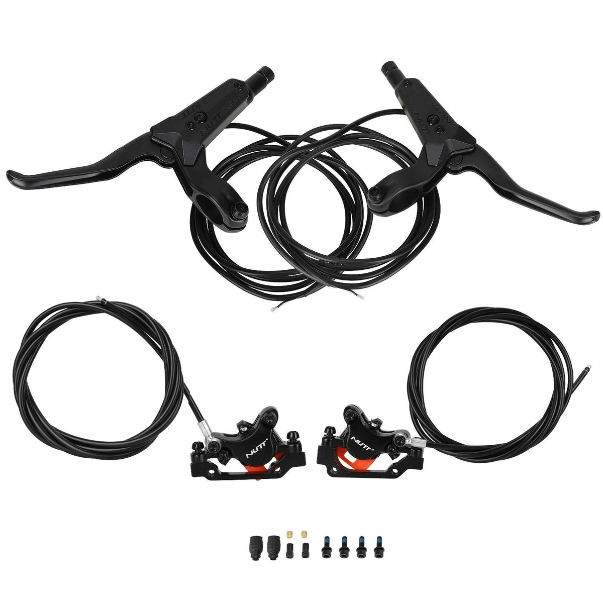 Kit complet de freins hydrauliques hydrauliques avant et arrière NUTT noirs pour trottinette électrique avec poignées, étriers et durites sur fond blanc