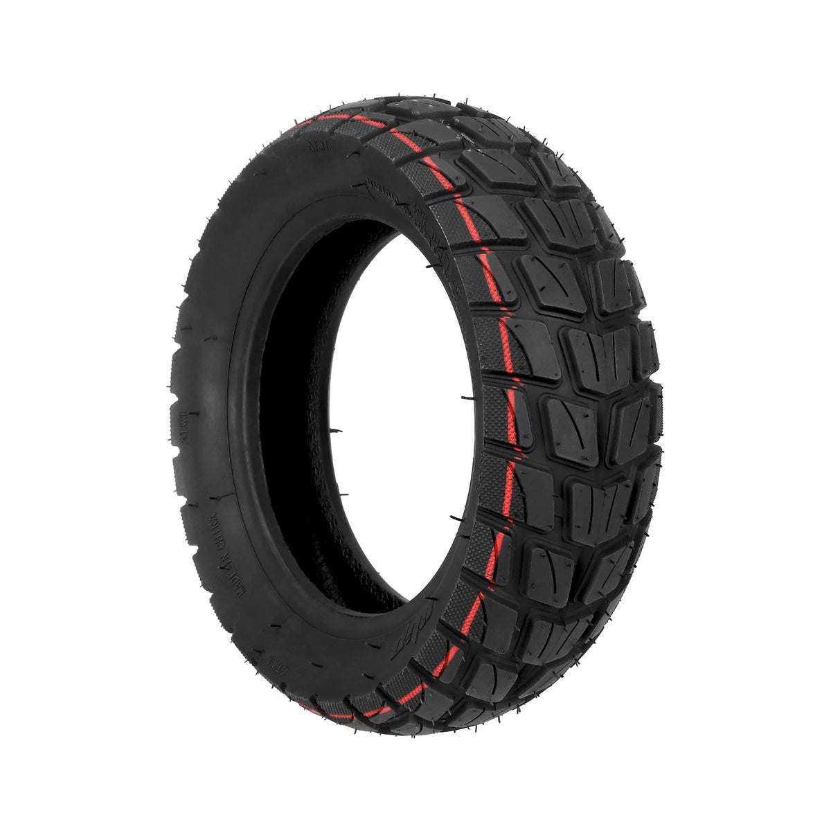 Pneu tubeless tout-terrain 10 pouces noir avec lignes rouges vu de trois-quarts