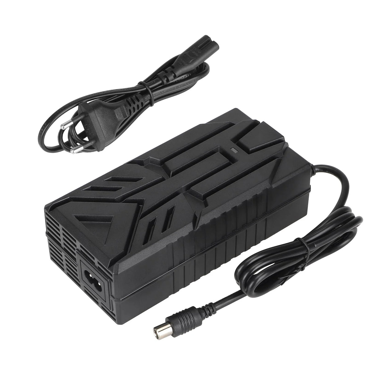 Chargeur noir 54,6V 3A avec câble secteur et embout de charge rond