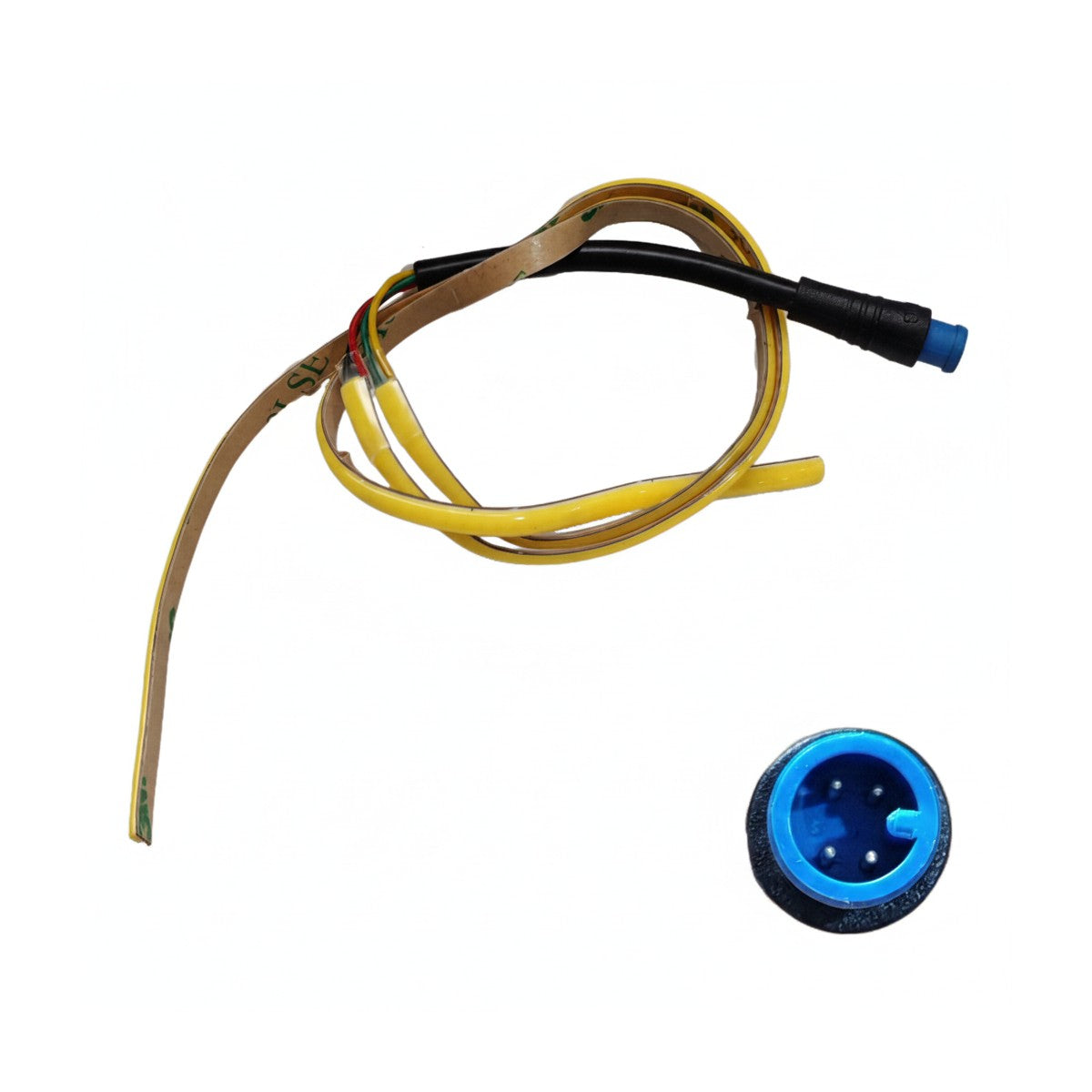 Bandeau LED souple pour cale-pied avec câble et zoom sur son connecteur bleu à 4 broches.