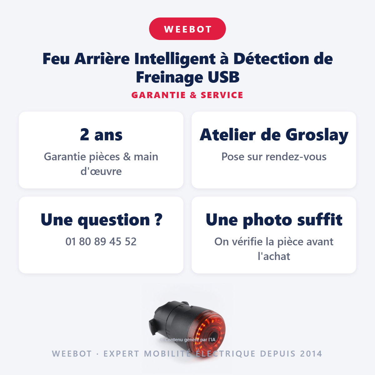 Feu Arrière Intelligent à Détection de Freinage USB : garantie 2 ans et service après-vente