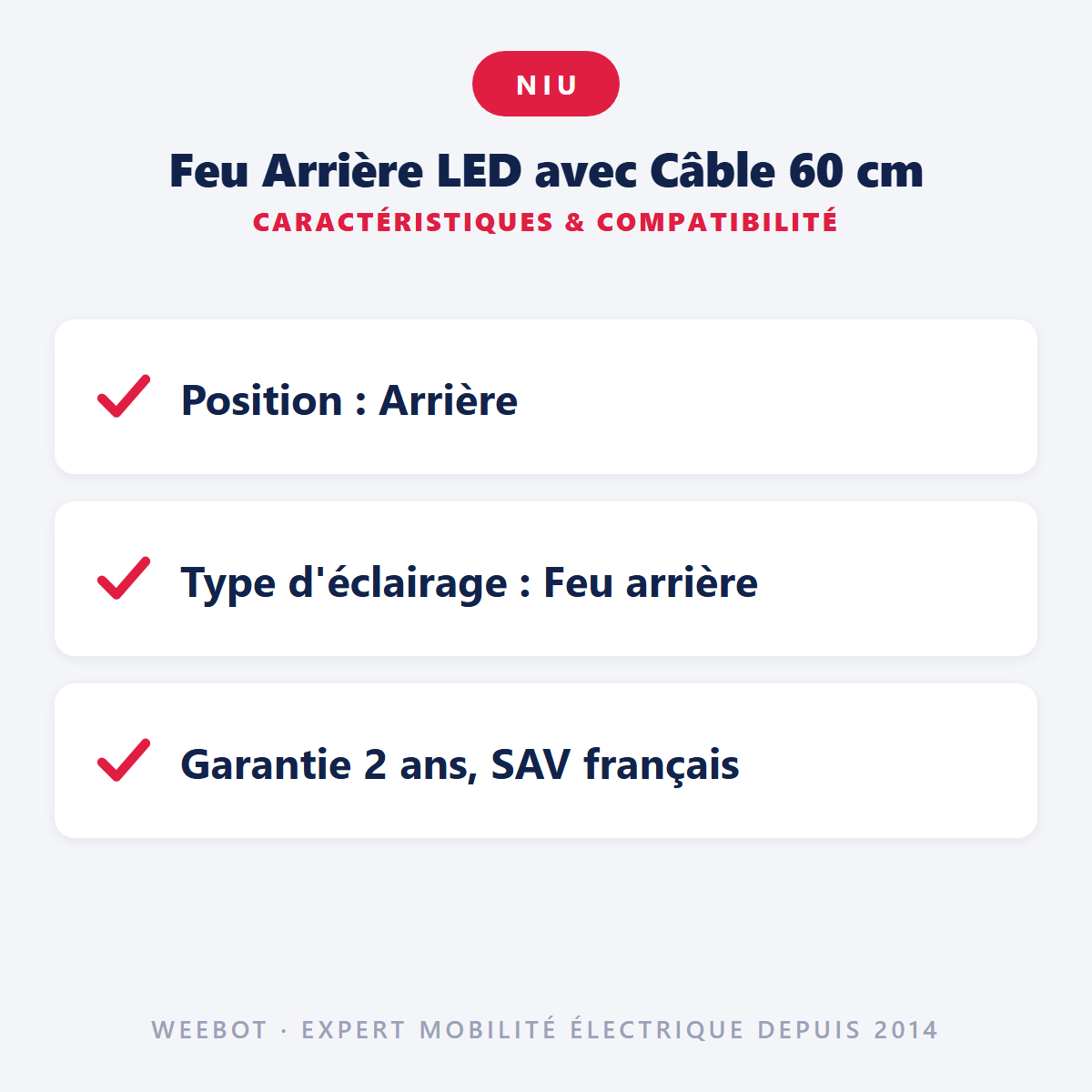 Feu Arrière LED avec Câble 60 cm : caractéristiques et compatibilité