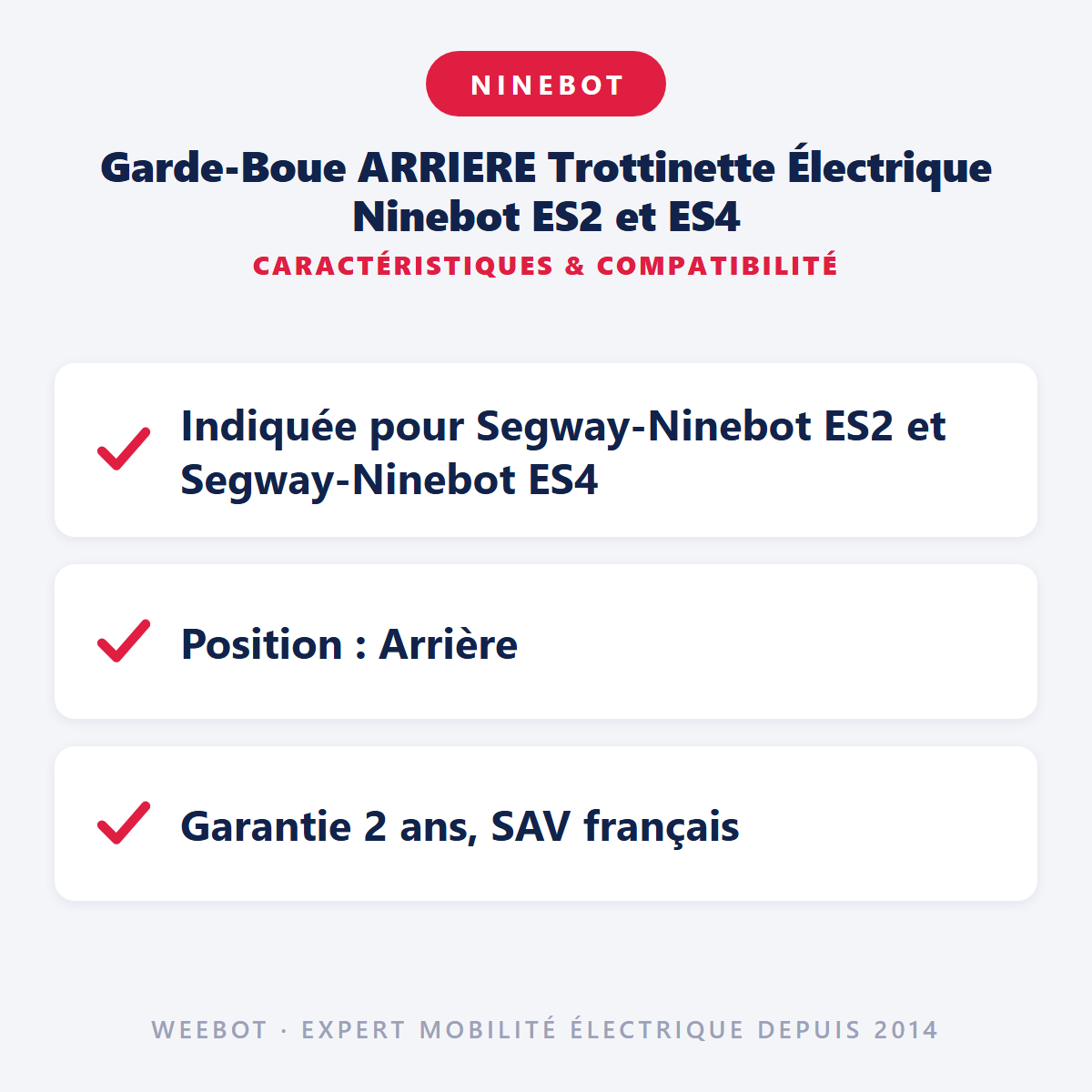 Garde-Boue ARRIERE Trottinette Électrique Ninebot ES2 et ES4 : caractéristiques et compatibilité