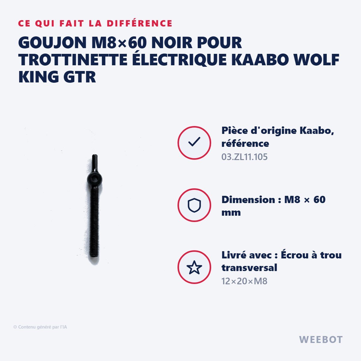 Goujon M8×60 Noir pour Trottinette Électrique Kaabo Wolf King GTR - Weebot