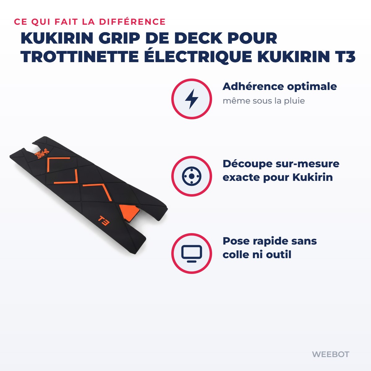 Grip de Deck pour Trottinette Électrique Kukirin T3 — points forts : Adhérence optimale, Découpe sur-mesure exacte pour Kukirin T3, Pose rapide sans colle ni outil. Weebot, expert mobilité électrique.