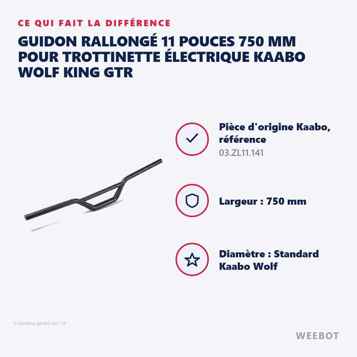 Guidon Rallongé 11 Pouces 750 mm pour Trottinette Électrique Kaabo Wolf King GTR - Weebot