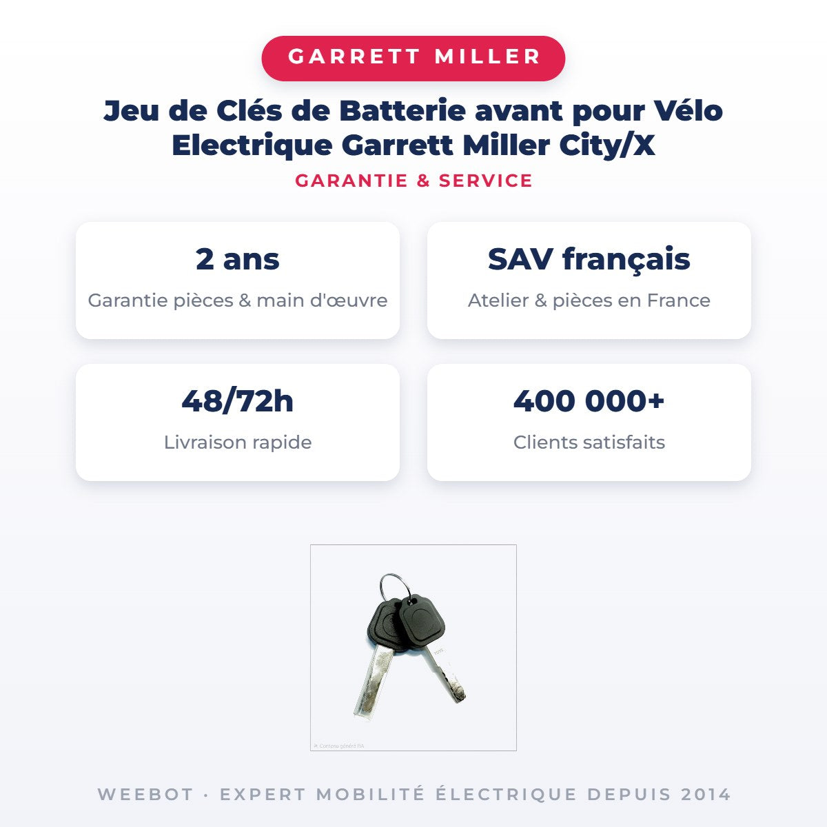 Jeu de Clés de Batterie avant pour Vélo Electrique Garrett Miller City/X — garantie 2 ans pièces et main d'œuvre