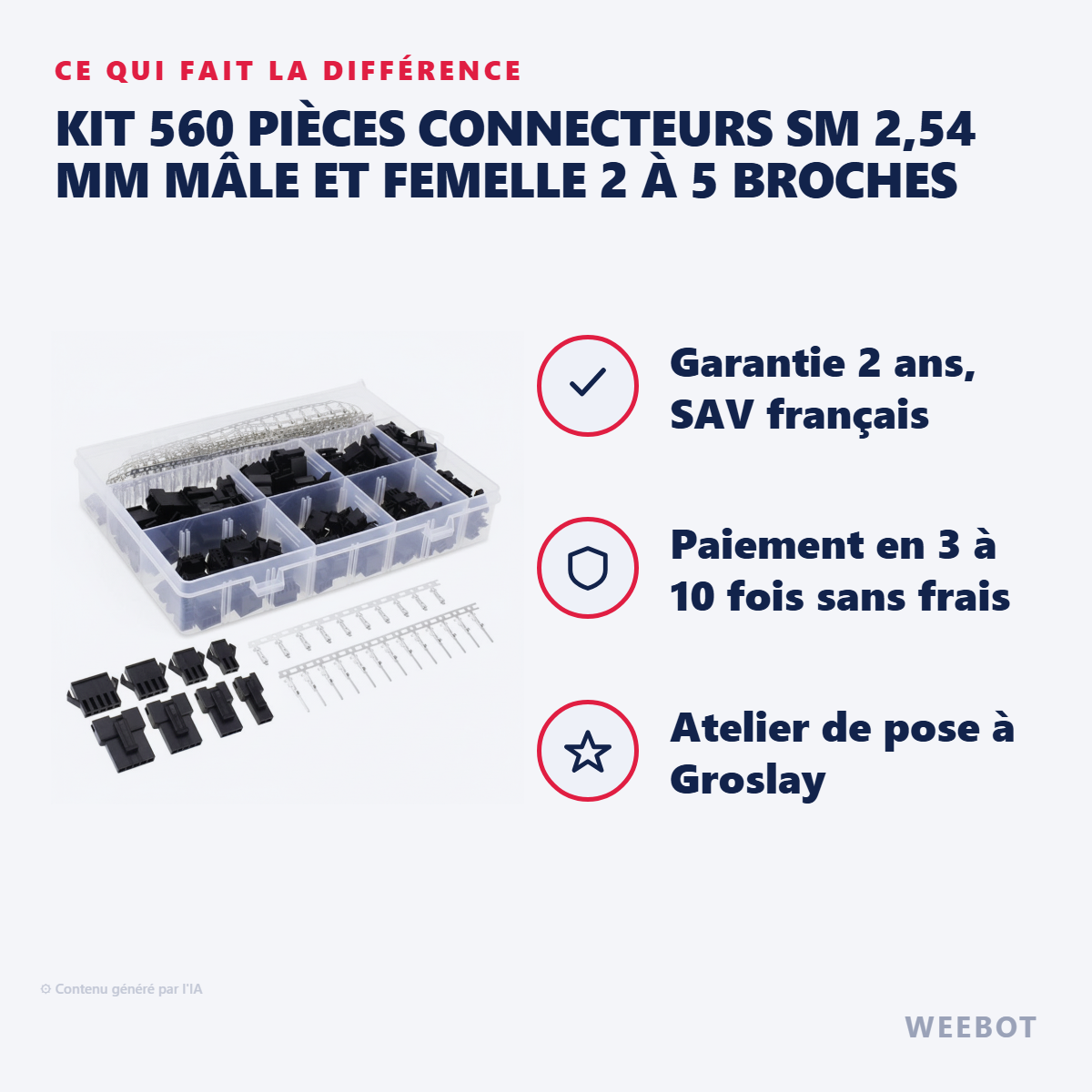 Kit 560 Pièces Connecteurs SM 2,54 mm Mâle et Femelle 2 à 5 Broches : les points forts