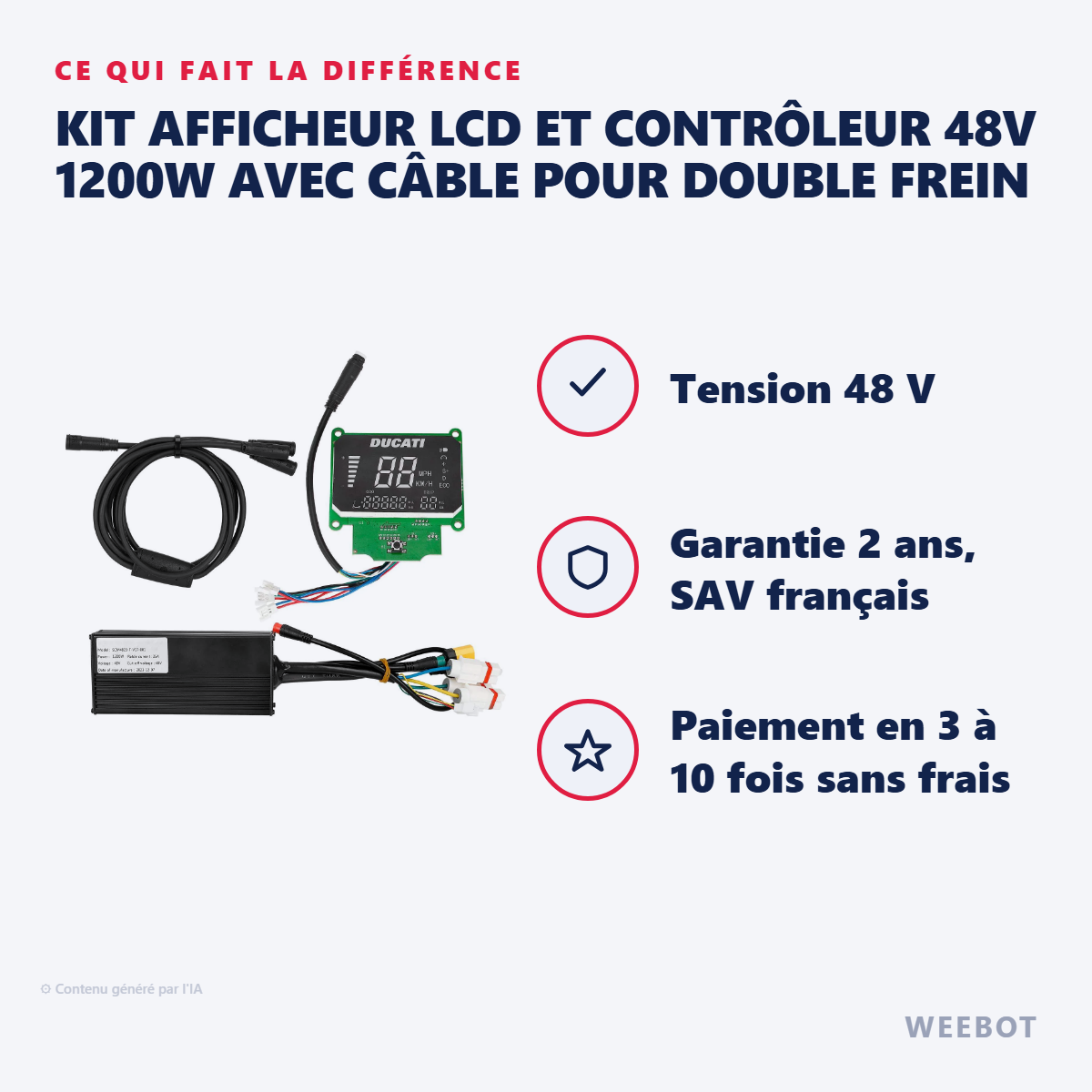 Kit Afficheur LCD et Contrôleur 48V 1200W avec Câble pour Double Frein : les points forts