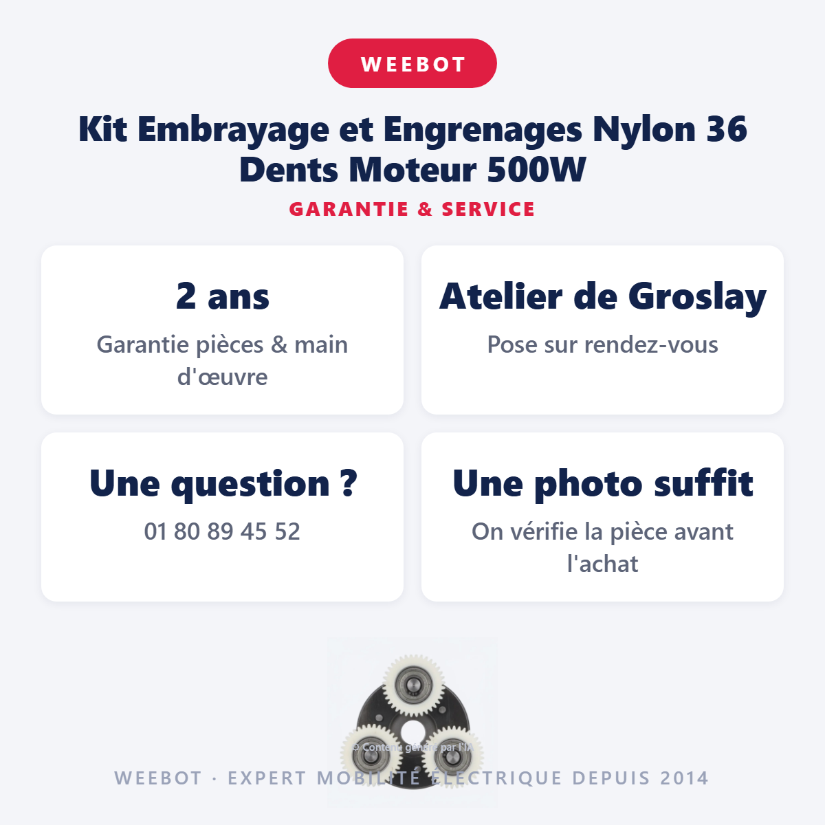Kit Embrayage et Engrenages Nylon 36 Dents Moteur 500W : garantie 2 ans et service après-vente