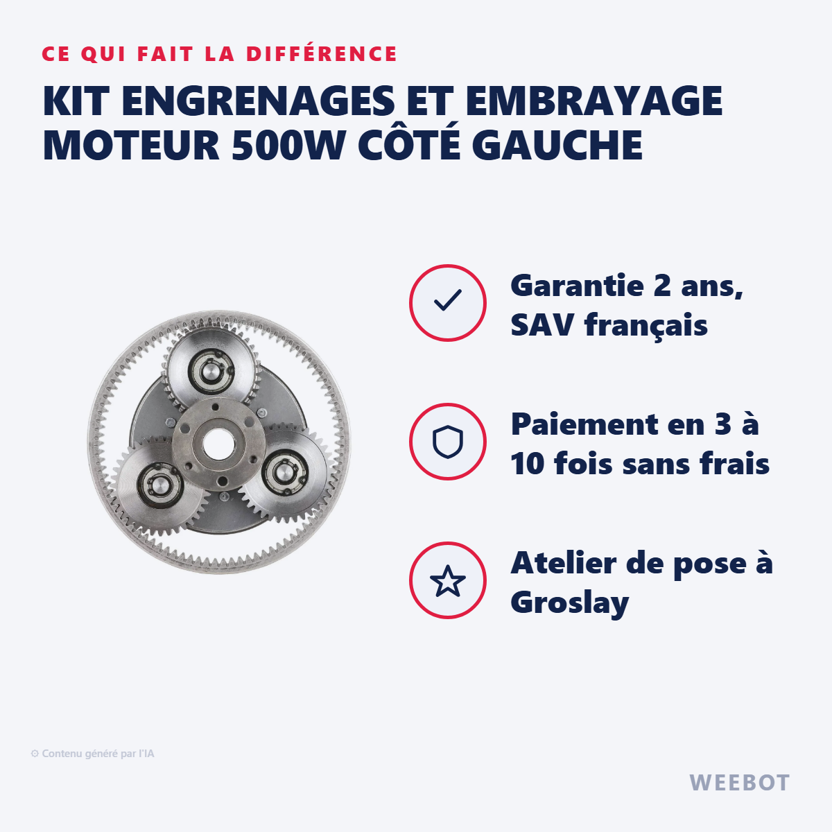 Kit Engrenages et Embrayage Moteur 500W Côté Gauche : les points forts