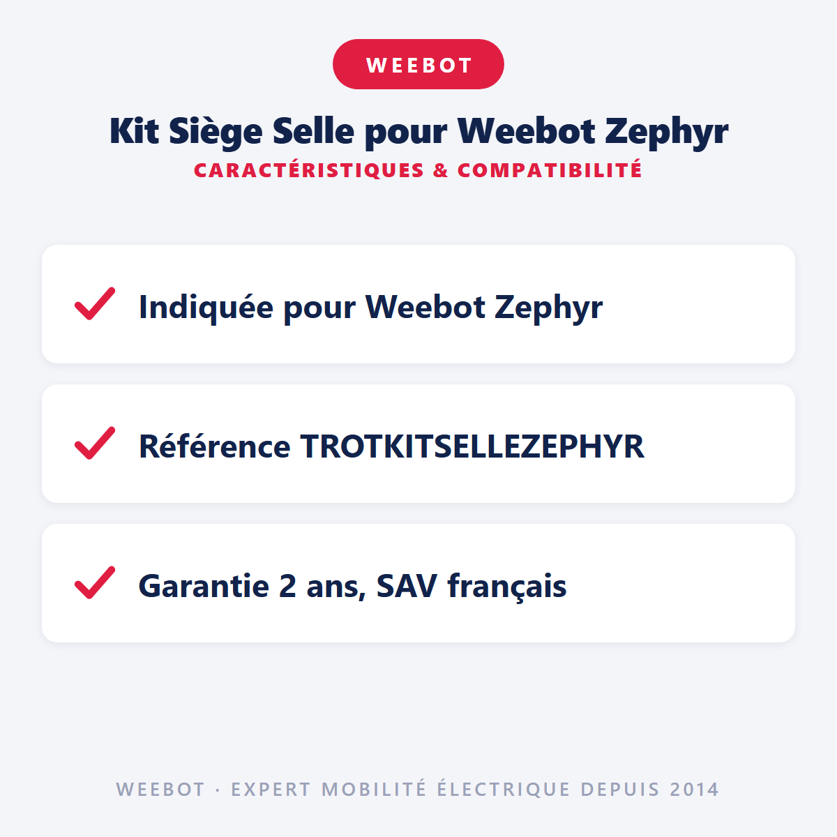 Kit Siège Selle pour Weebot Zephyr : caractéristiques et compatibilité