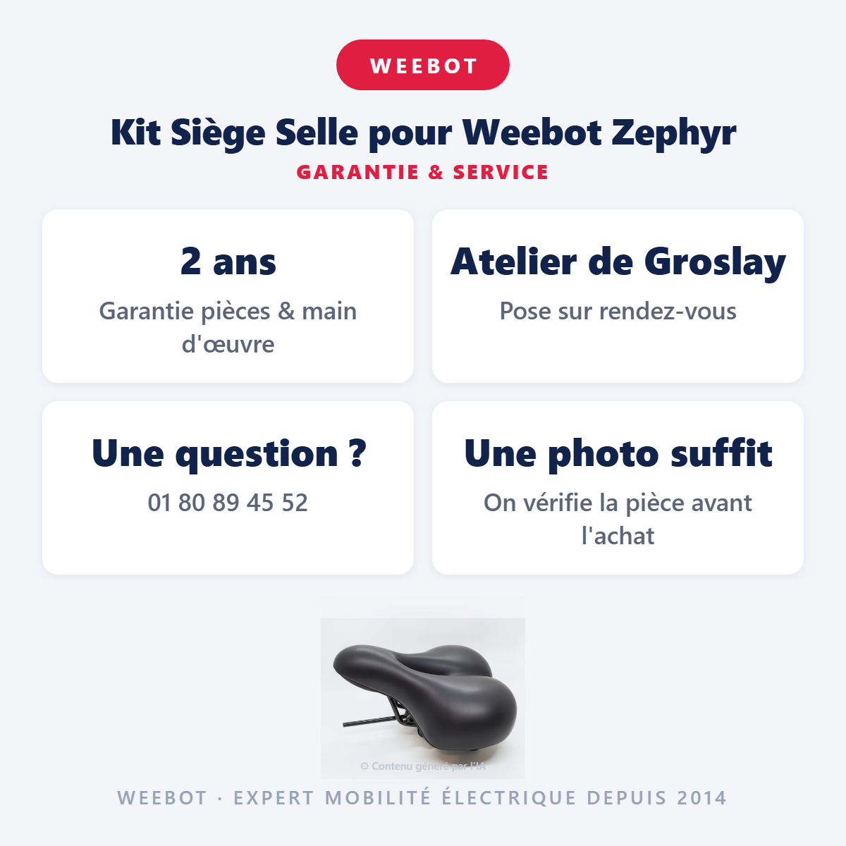 Kit Siège Selle pour Weebot Zephyr : garantie 2 ans et service après-vente
