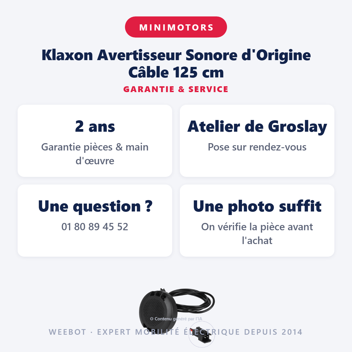 Klaxon Avertisseur Sonore d'Origine Câble 125 cm : garantie 2 ans et service après-vente