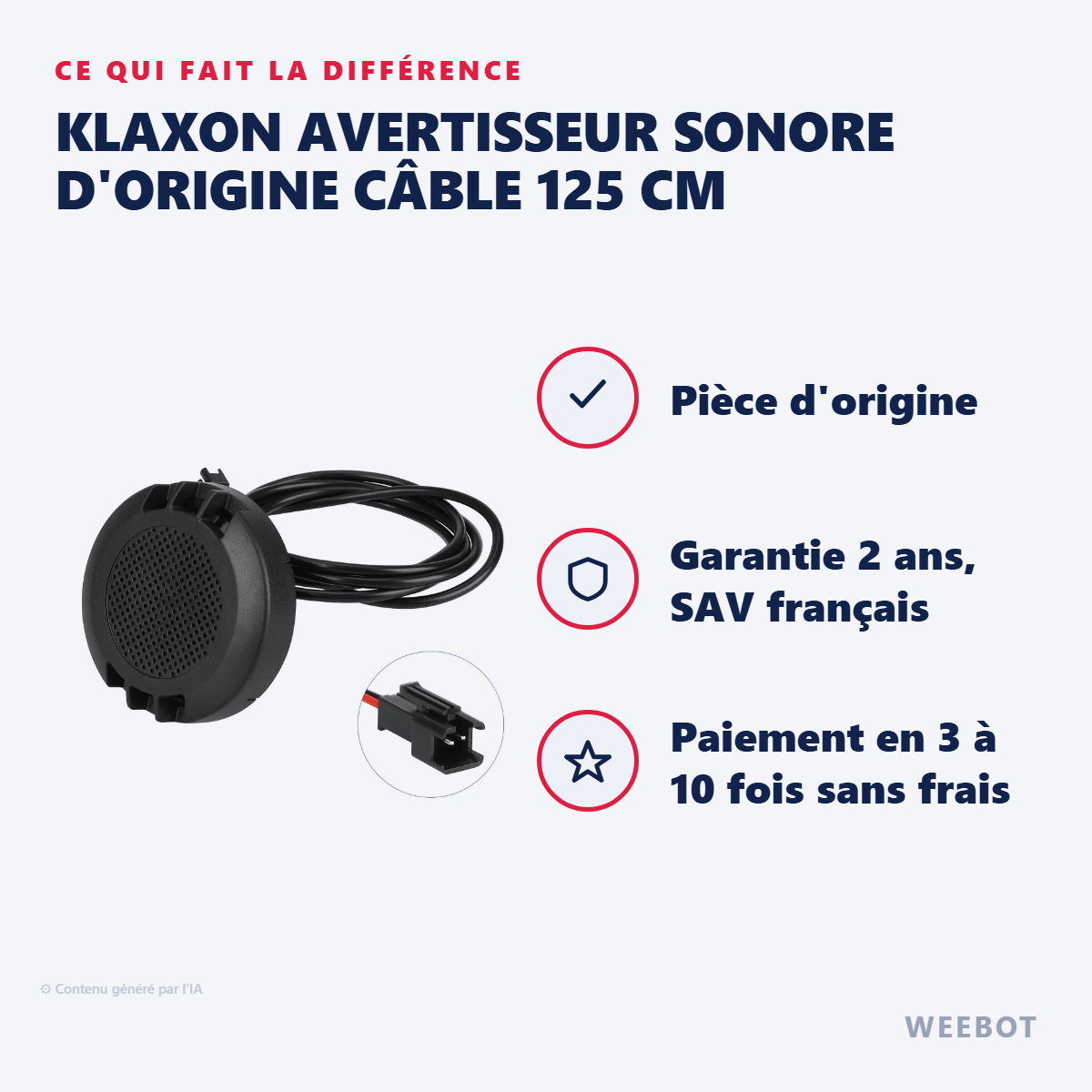 Klaxon Avertisseur Sonore d'Origine Câble 125 cm : les points forts