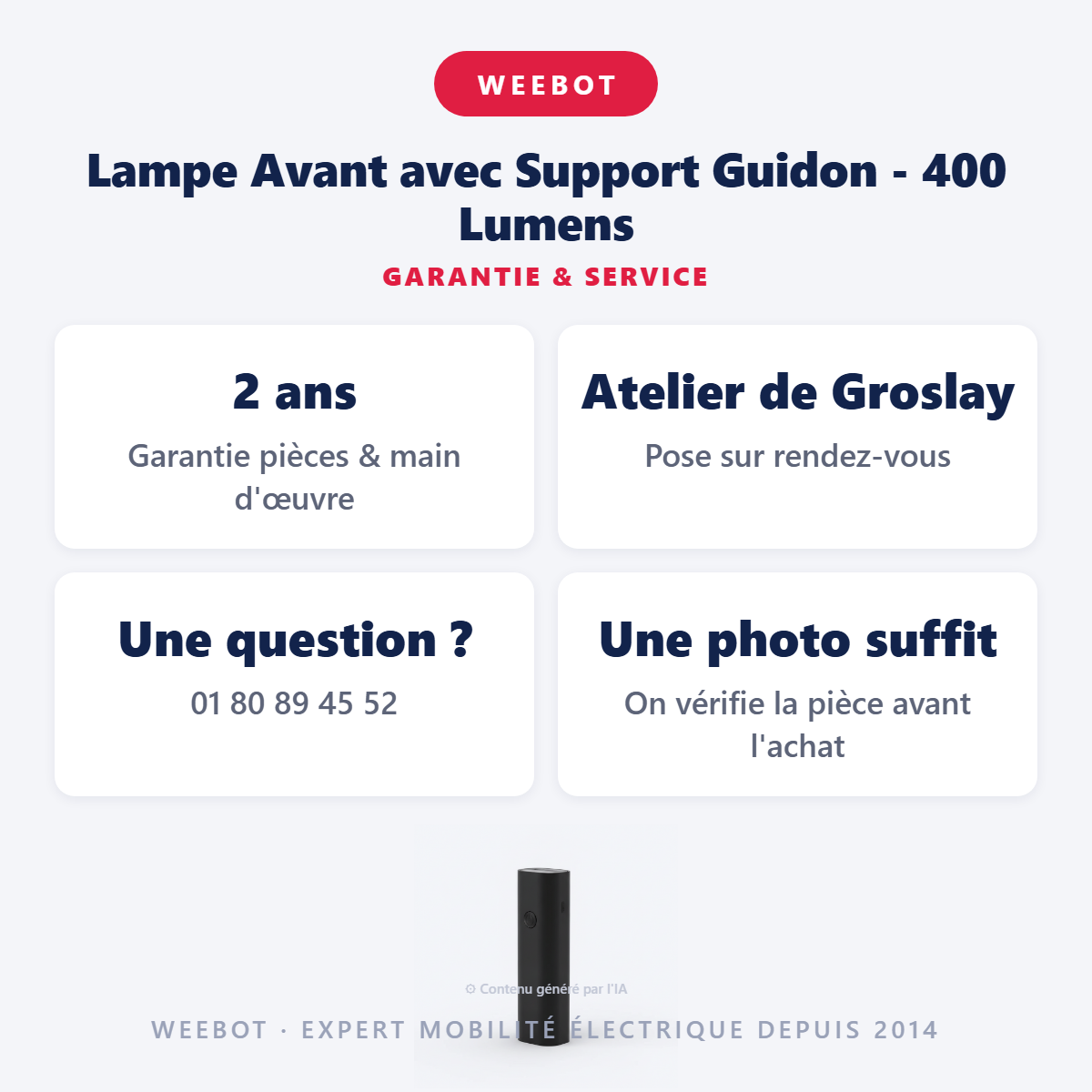 Lampe Avant avec Support Guidon - 400 Lumens : garantie 2 ans et service après-vente