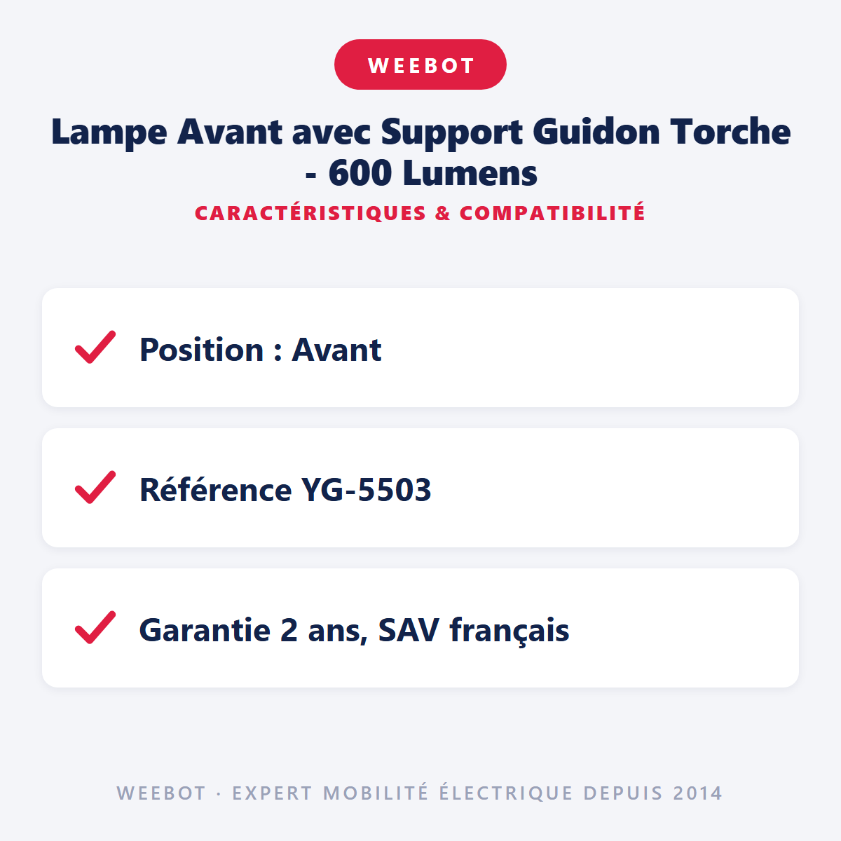 Lampe Avant avec Support Guidon Torche - 600 Lumens : caractéristiques et compatibilité