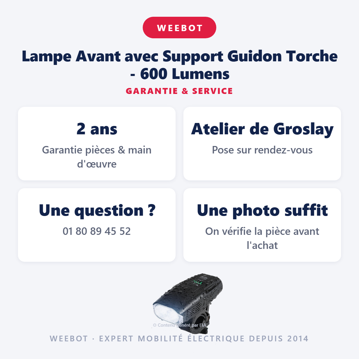 Lampe Avant avec Support Guidon Torche - 600 Lumens : garantie 2 ans et service après-vente