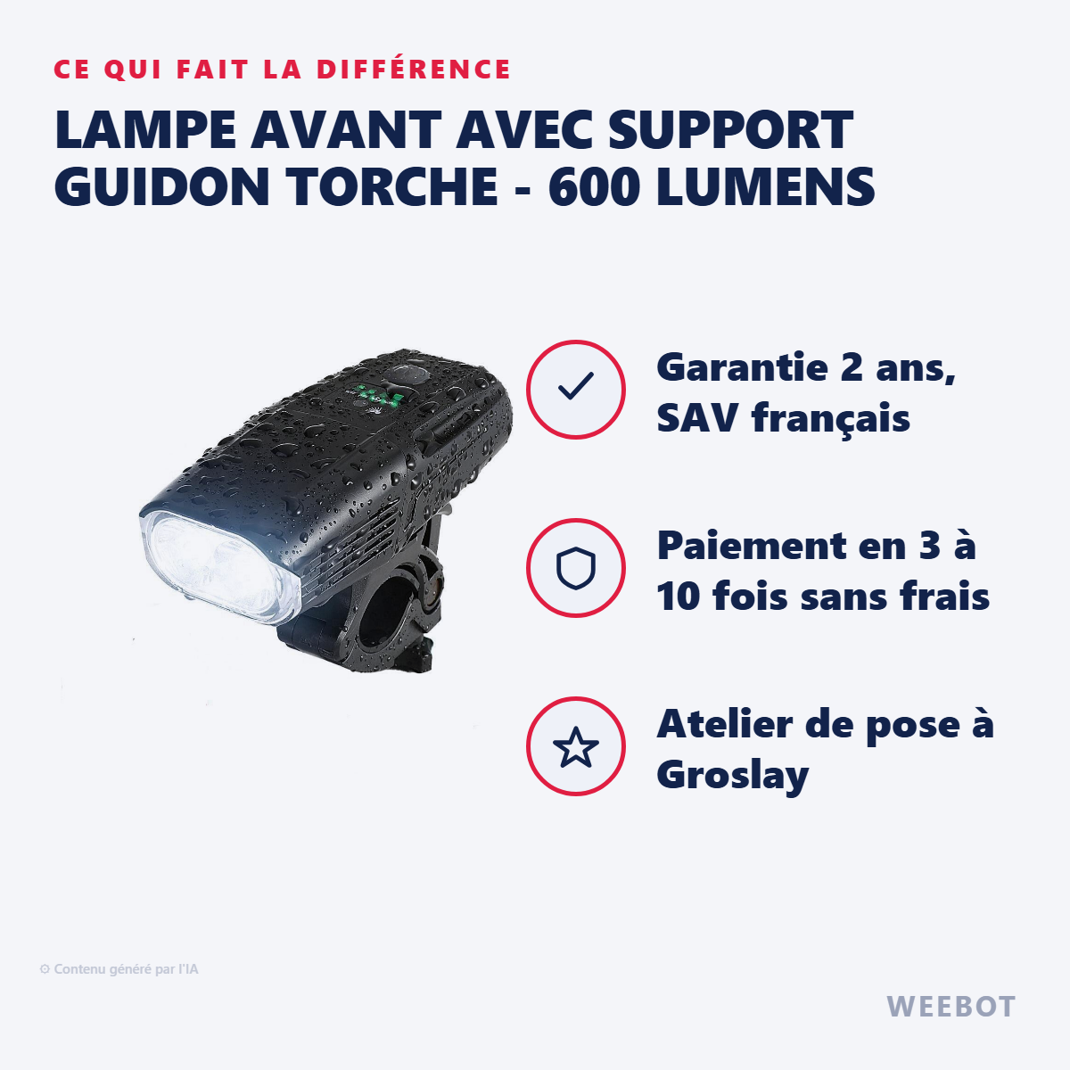 Lampe Avant avec Support Guidon Torche - 600 Lumens : les points forts