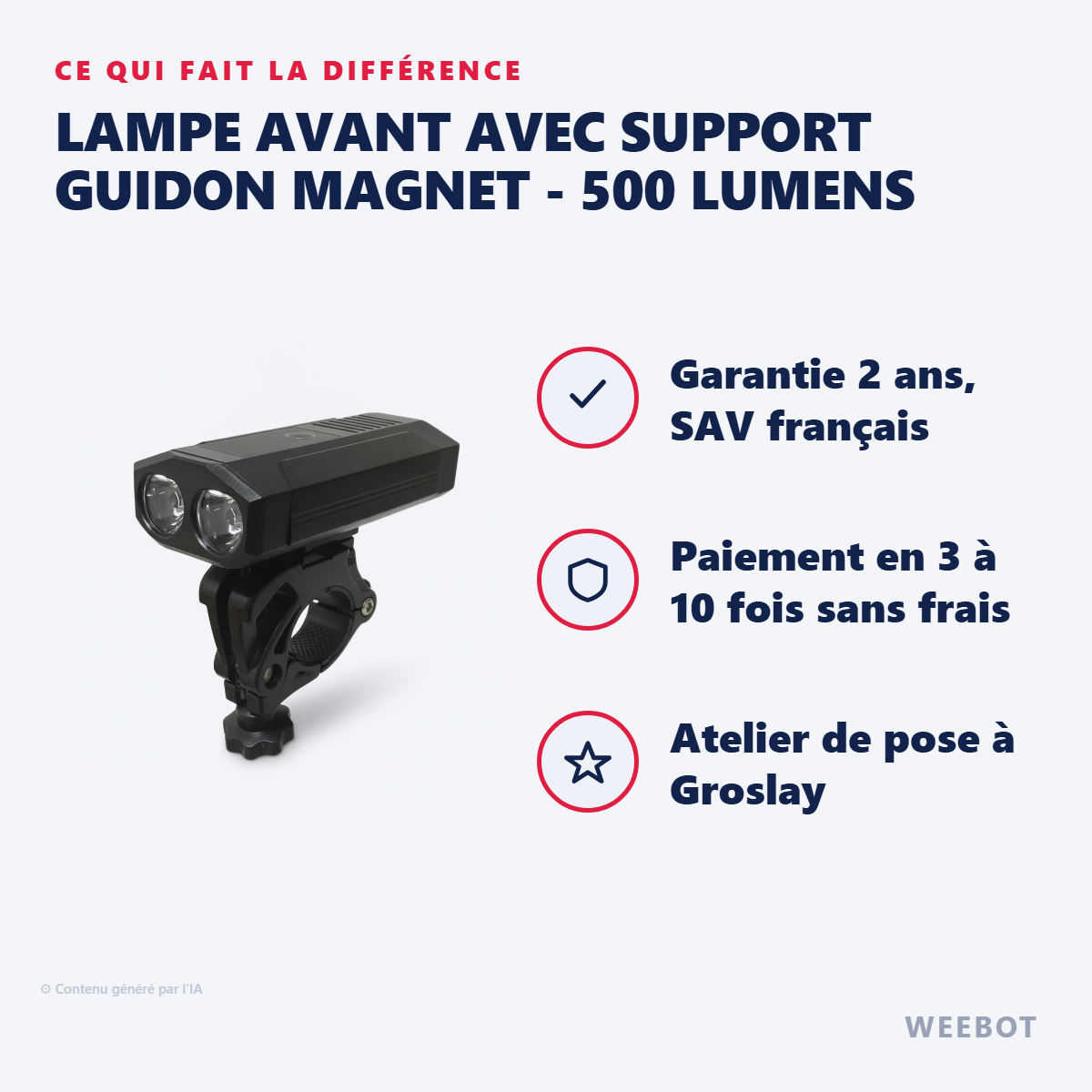 Lampe Avant avec Support Guidon Magnet - 500 Lumens : les points forts