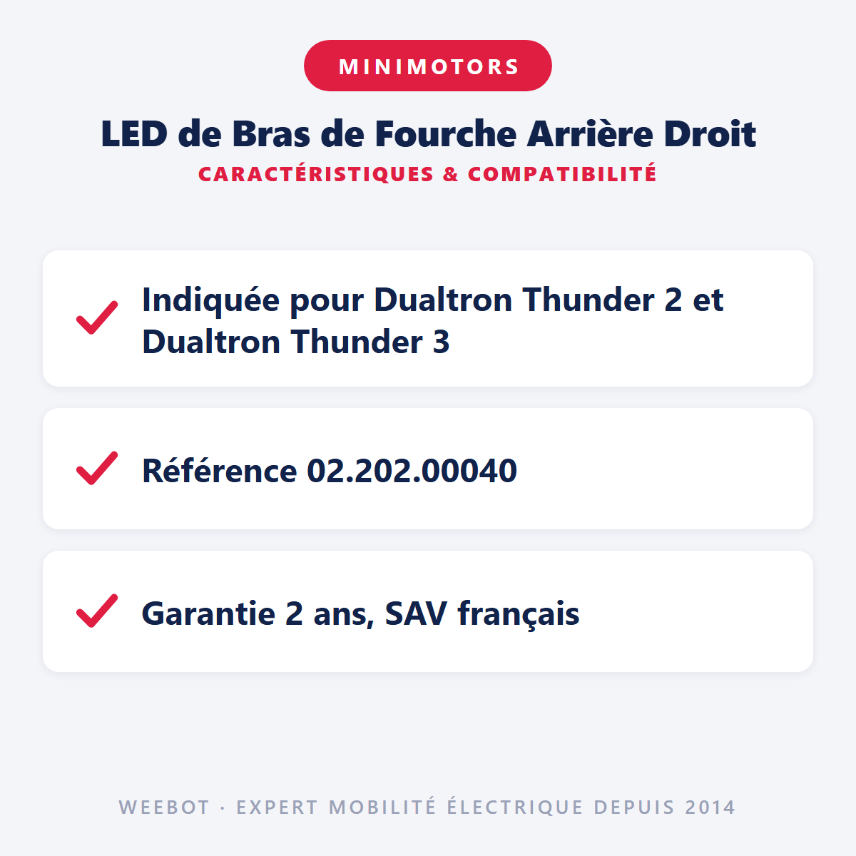 LED de Bras de Fourche Arrière Droit pour Trottinette Electrique Dualtron Thunder 2, Thunder 3 et Achilleus - Weebot