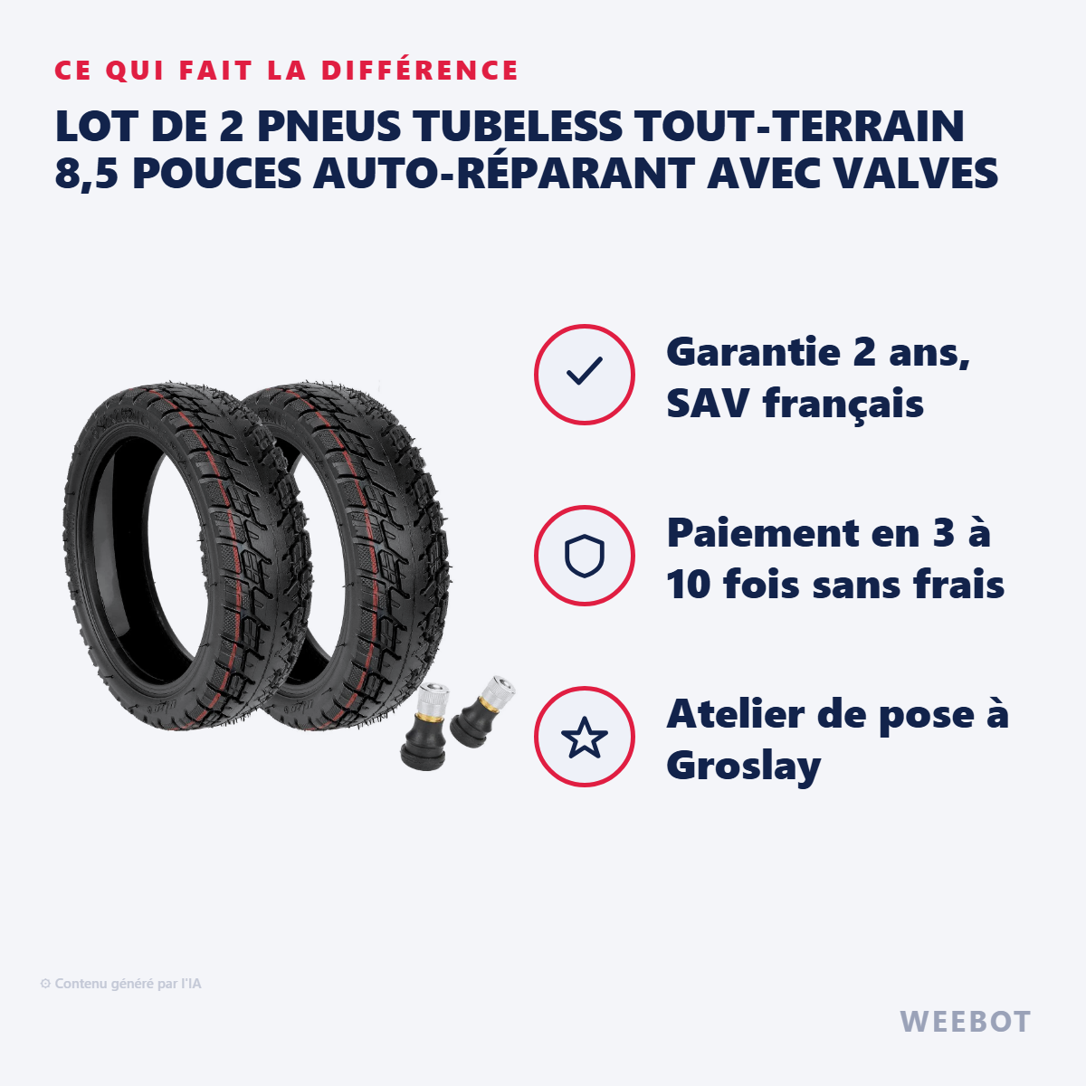 Lot de 2 Pneus Tubeless Tout-Terrain 8,5 Pouces Auto-Réparant avec Valves : les points forts