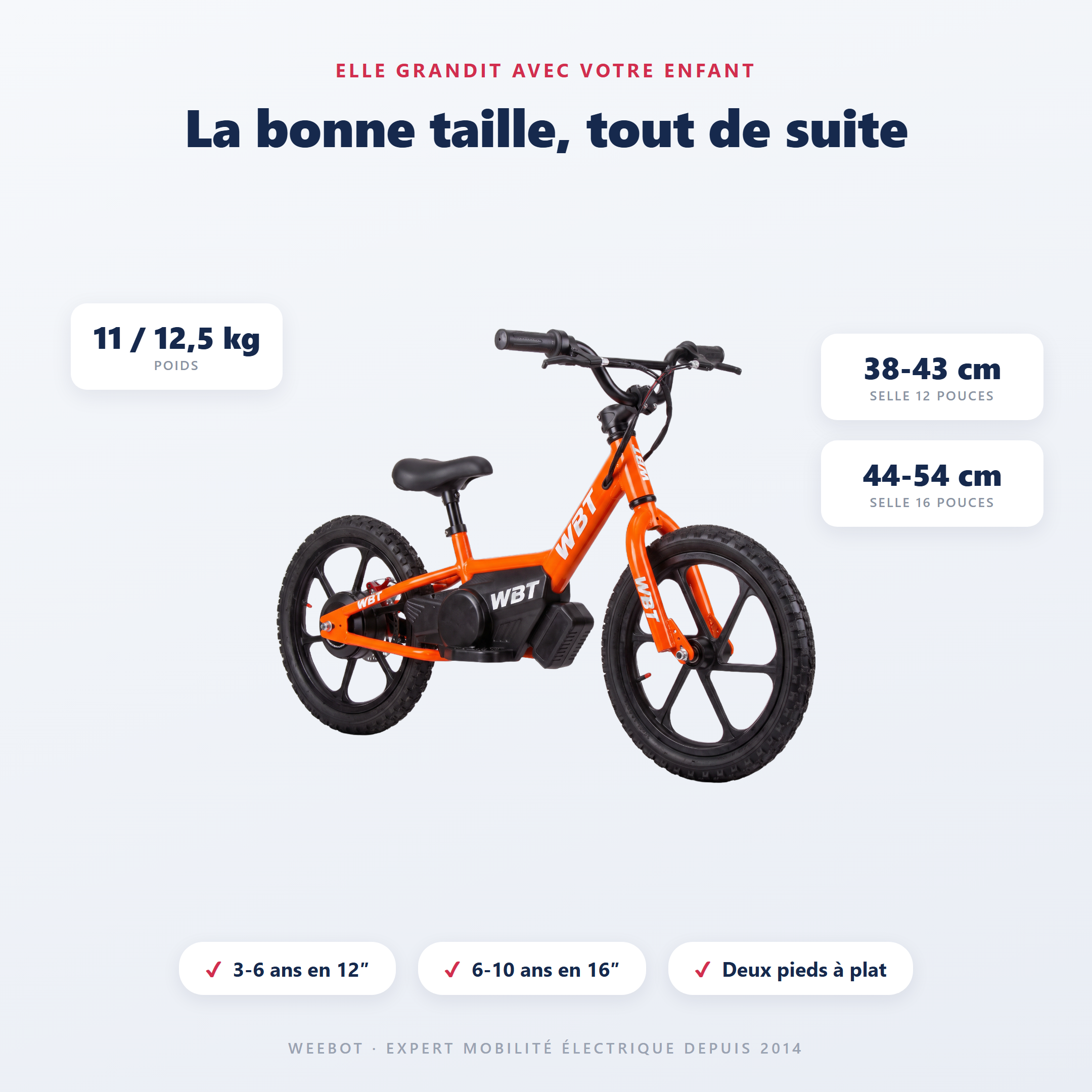 draisienne électrique tout terrain WBT Enduro - guide des tailles