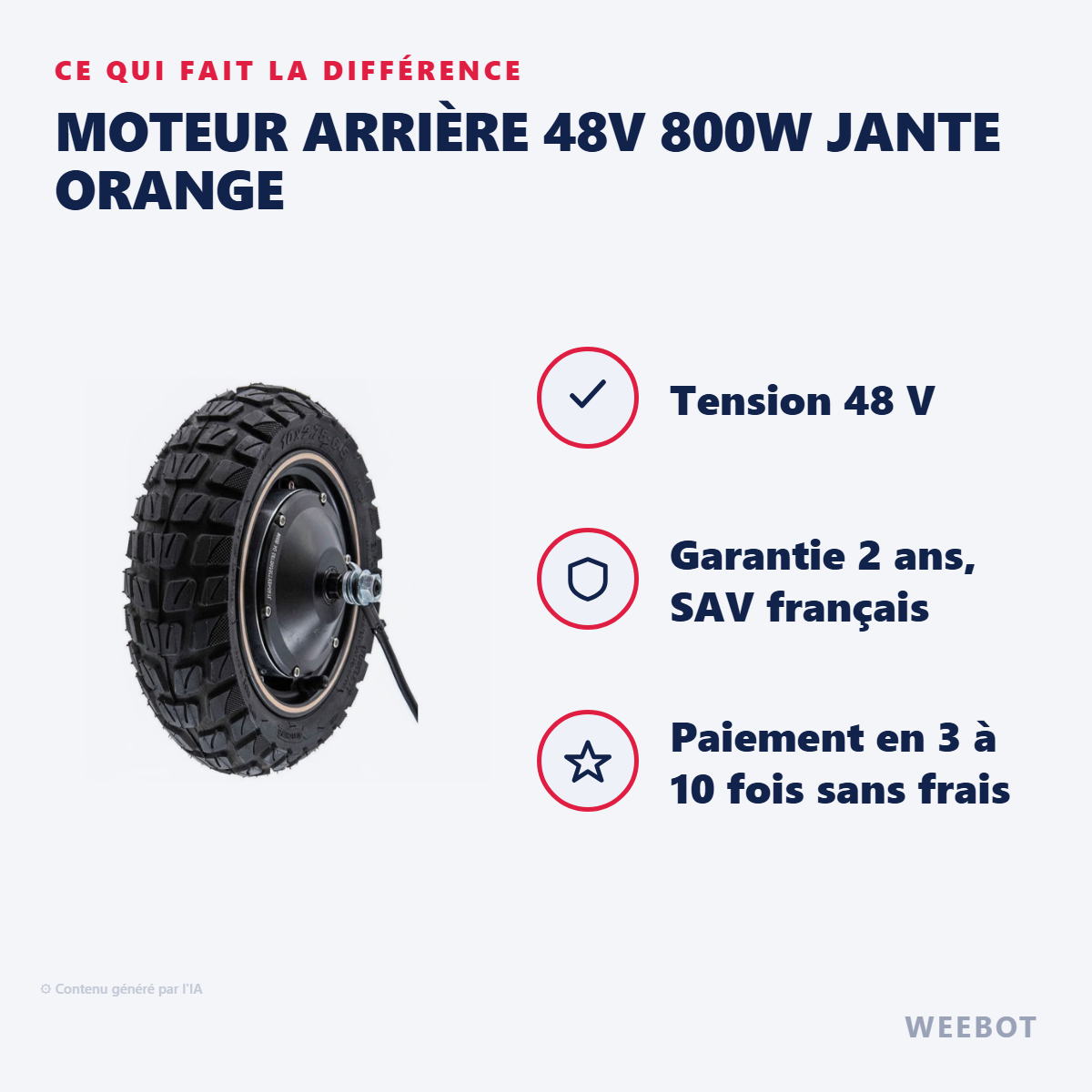 Moteur Arrière 48V 800W Jante Orange : les points forts