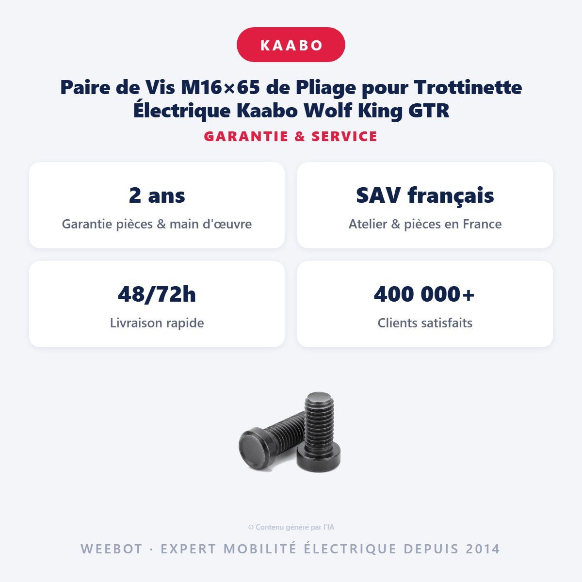 Paire de Vis M16×65 de Pliage pour Trottinette Électrique Kaabo Wolf King GTR - Weebot
