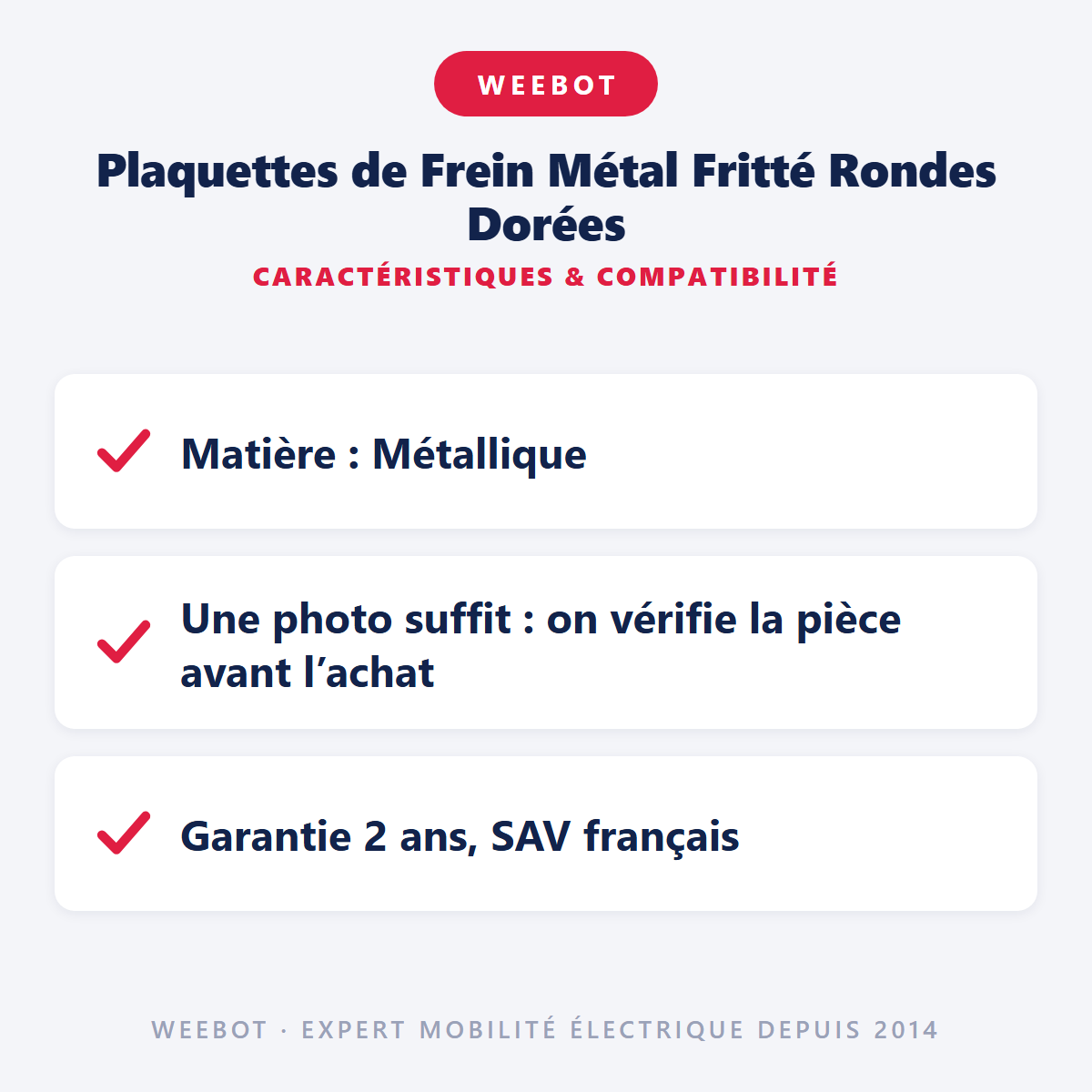 Plaquettes de Frein Métal Fritté Rondes Dorées : caractéristiques et compatibilité