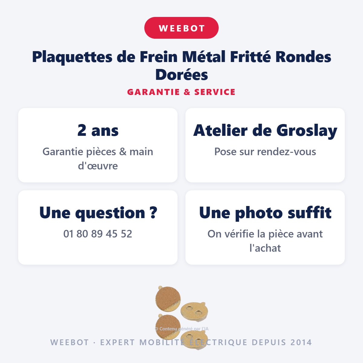 Plaquettes de Frein Métal Fritté Rondes Dorées : garantie 2 ans et service après-vente