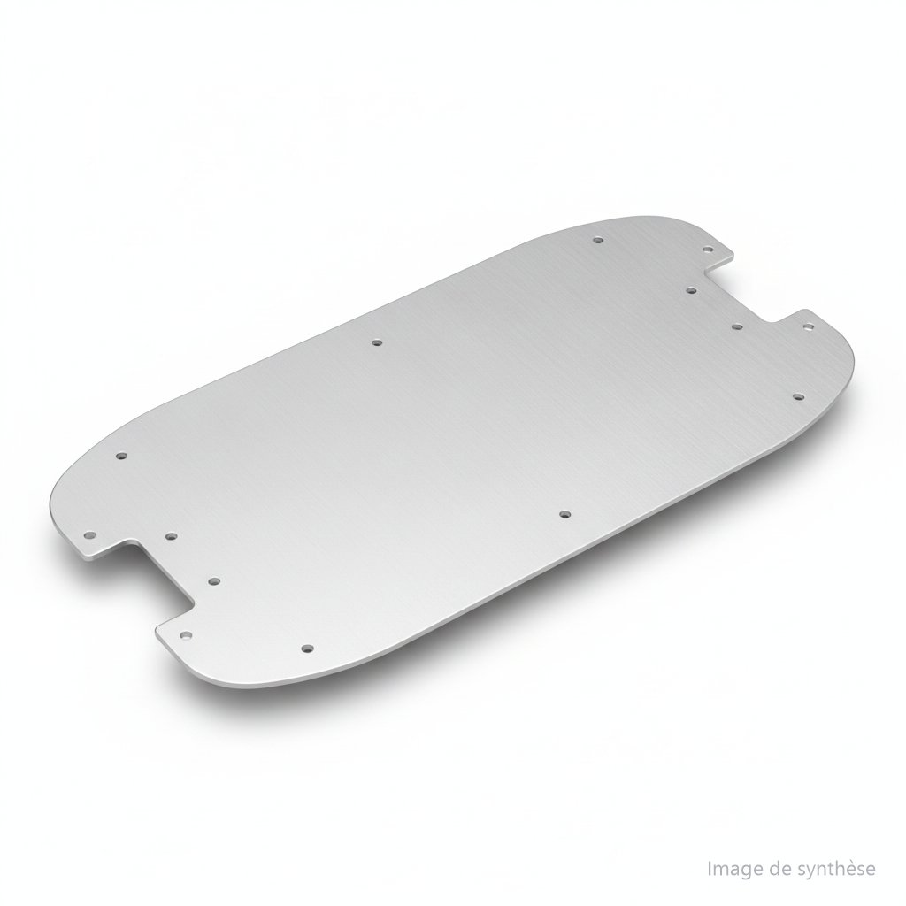 Dessin d'un plateau de deck en aluminium sans grip pour trottinette électrique.