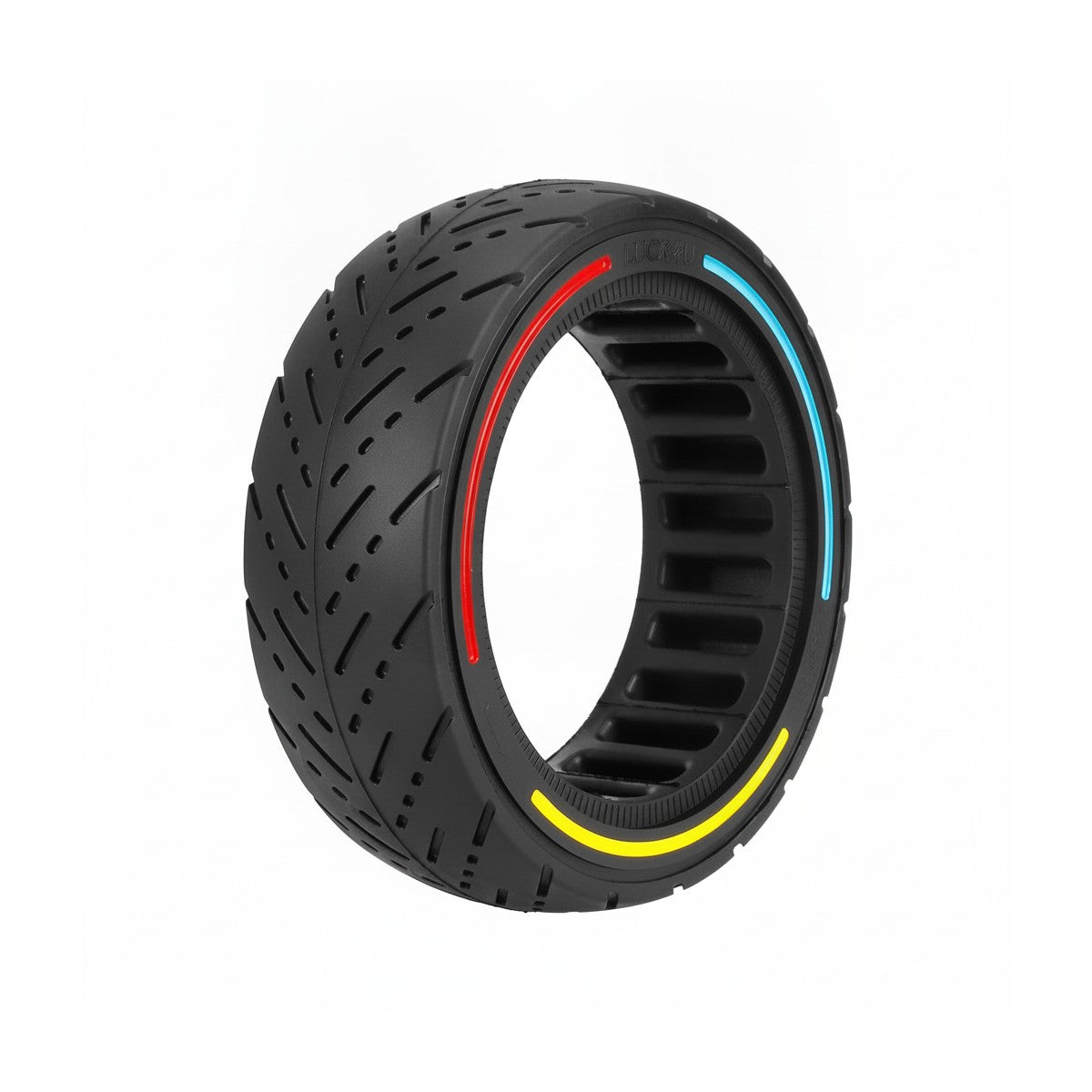Pneu plein route 8,5 pouces noir avec cercles tricolores rouge, bleu et jaune vu de trois quarts