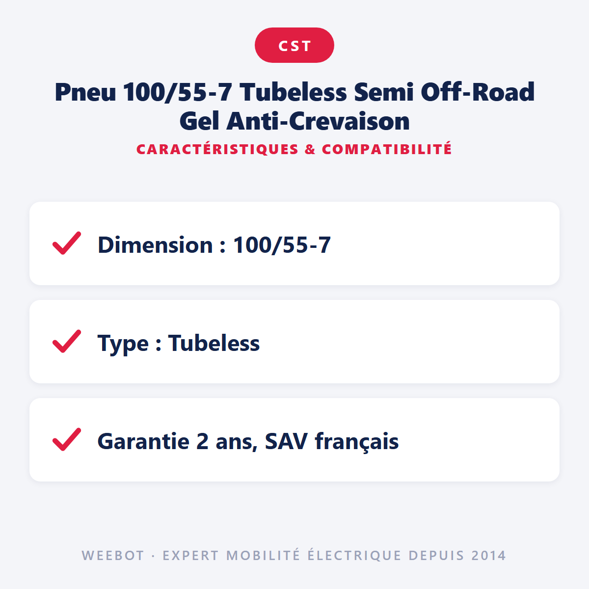 Pneu 100/55-7 Tubeless Semi Off-Road Gel Anti-Crevaison : caractéristiques et compatibilité