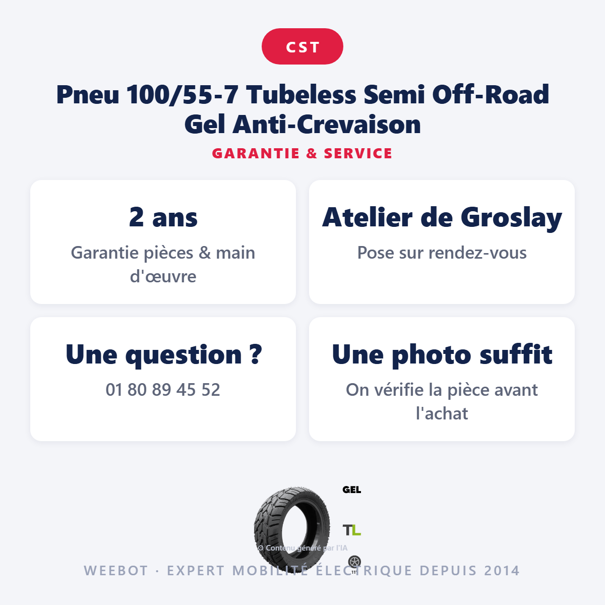 Pneu 100/55-7 Tubeless Semi Off-Road Gel Anti-Crevaison : garantie 2 ans et service après-vente