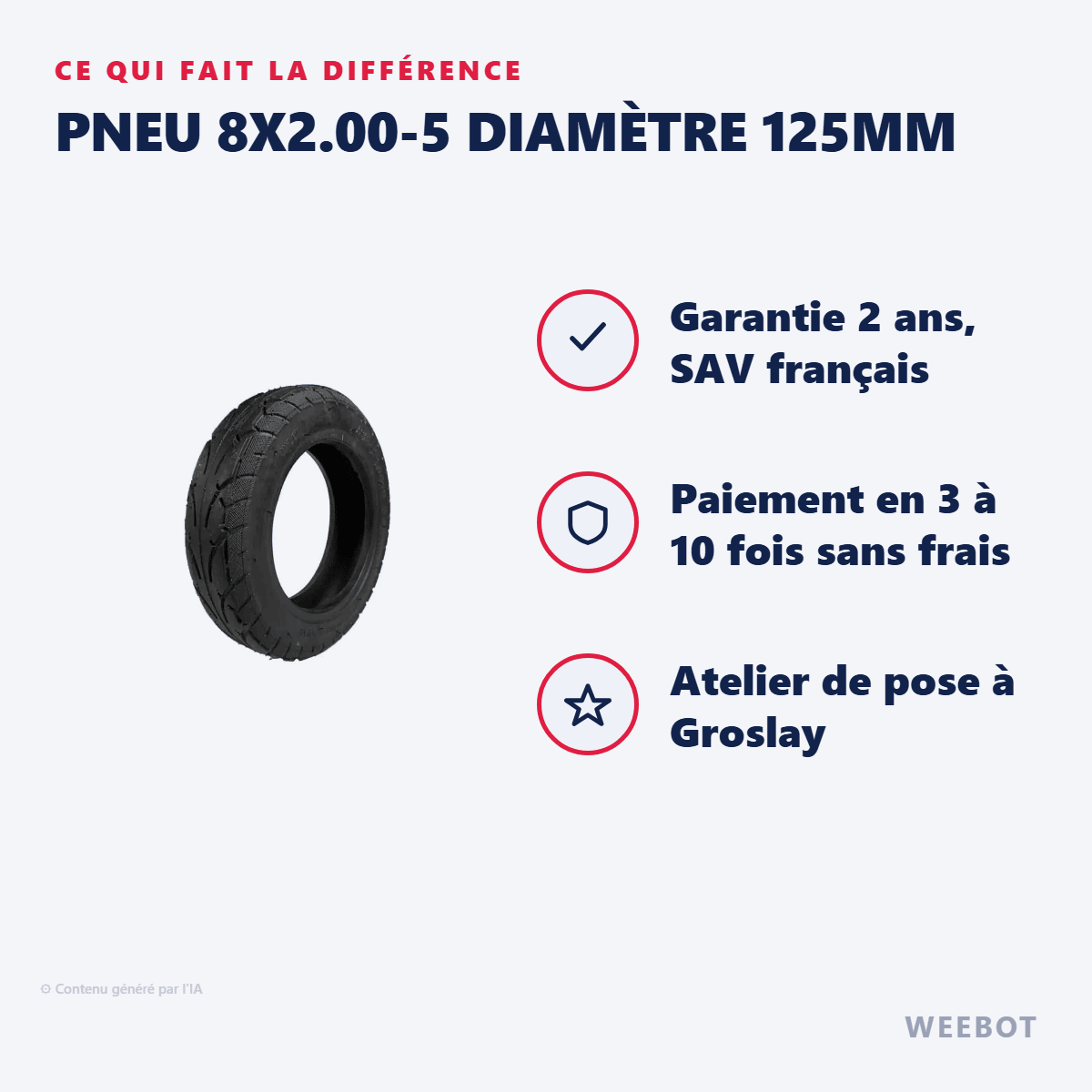 Pneu 8x2.00-5 Diamètre 125mm pour Trottinette Électrique - Weebot