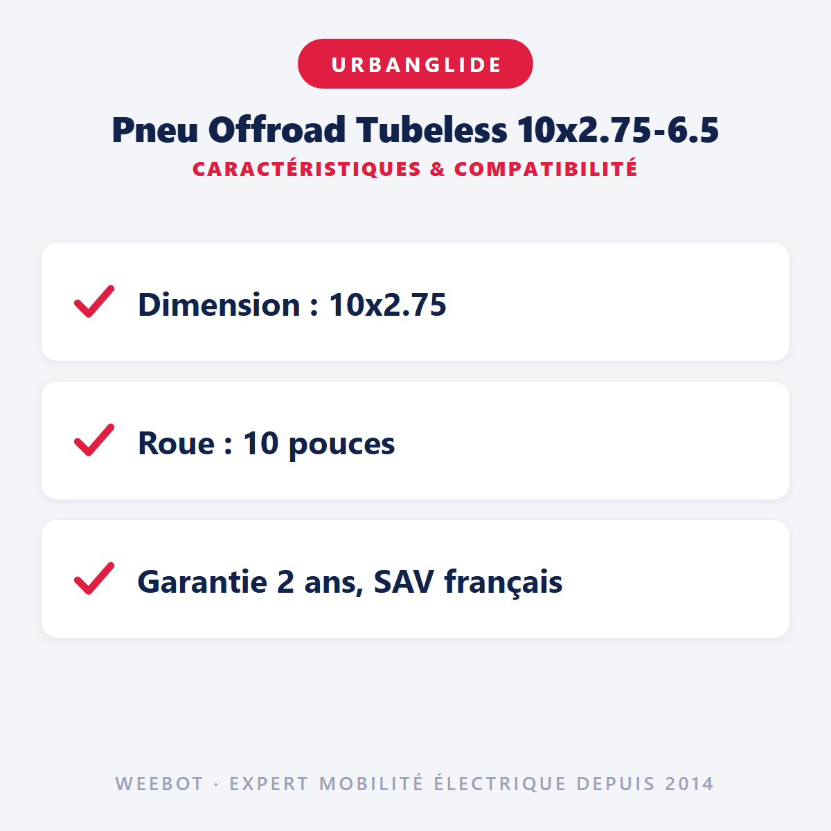 Pneu Offroad Tubeless 10x2.75-6.5 pour Trottinette Électrique Urbanglide E-Cross - Weebot