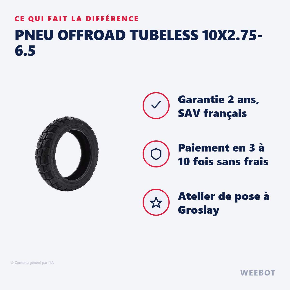 Pneu Offroad Tubeless 10x2.75-6.5 pour Trottinette Électrique Urbanglide E-Cross - Weebot