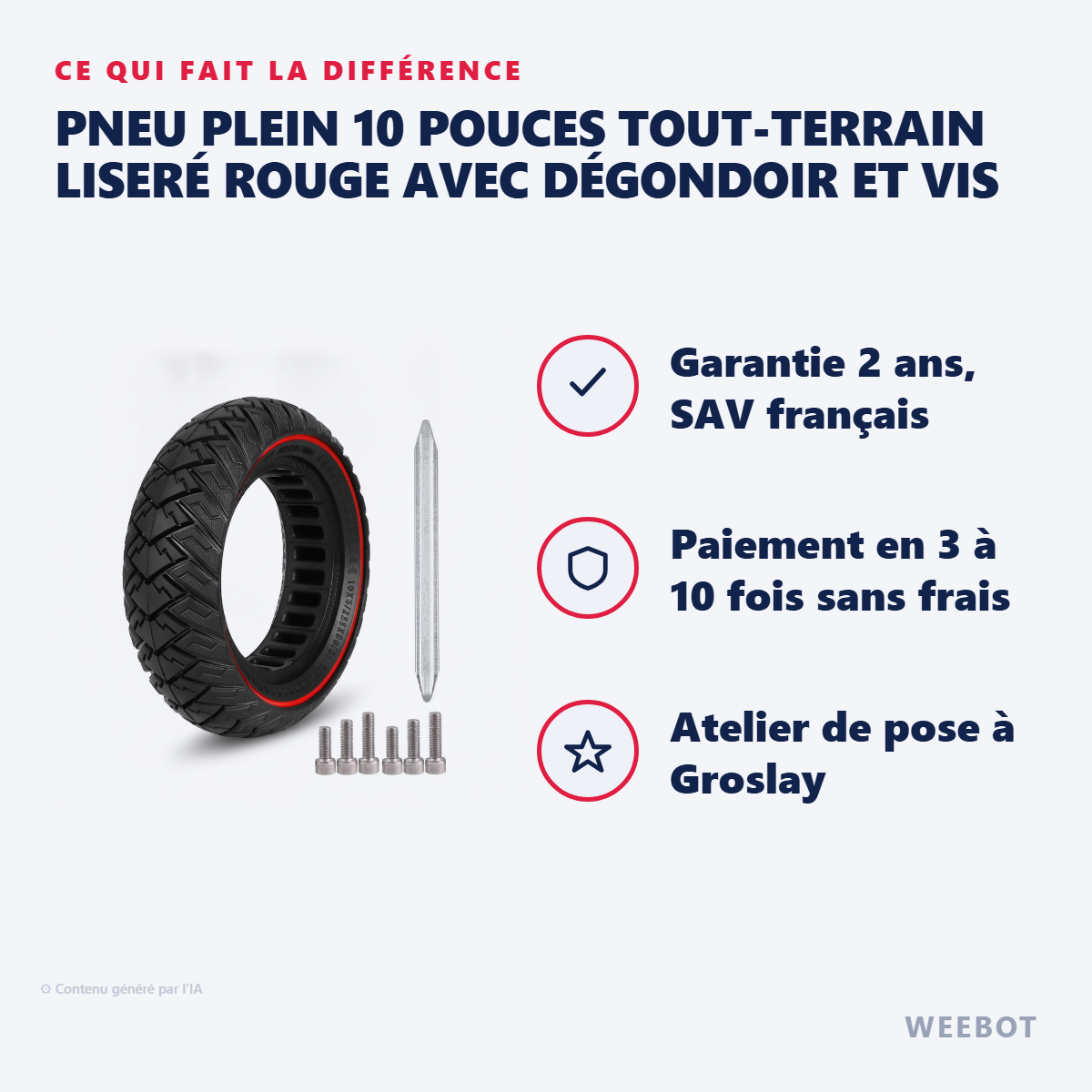 Pneu Plein 10 Pouces Tout-Terrain Liseré Rouge avec Dégondoir et Vis : les points forts