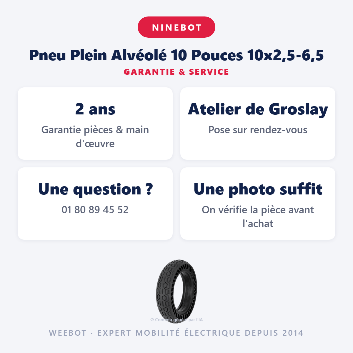 Pneu Plein Alvéolé 10 Pouces 10x2,5-6,5 : garantie 2 ans et service après-vente