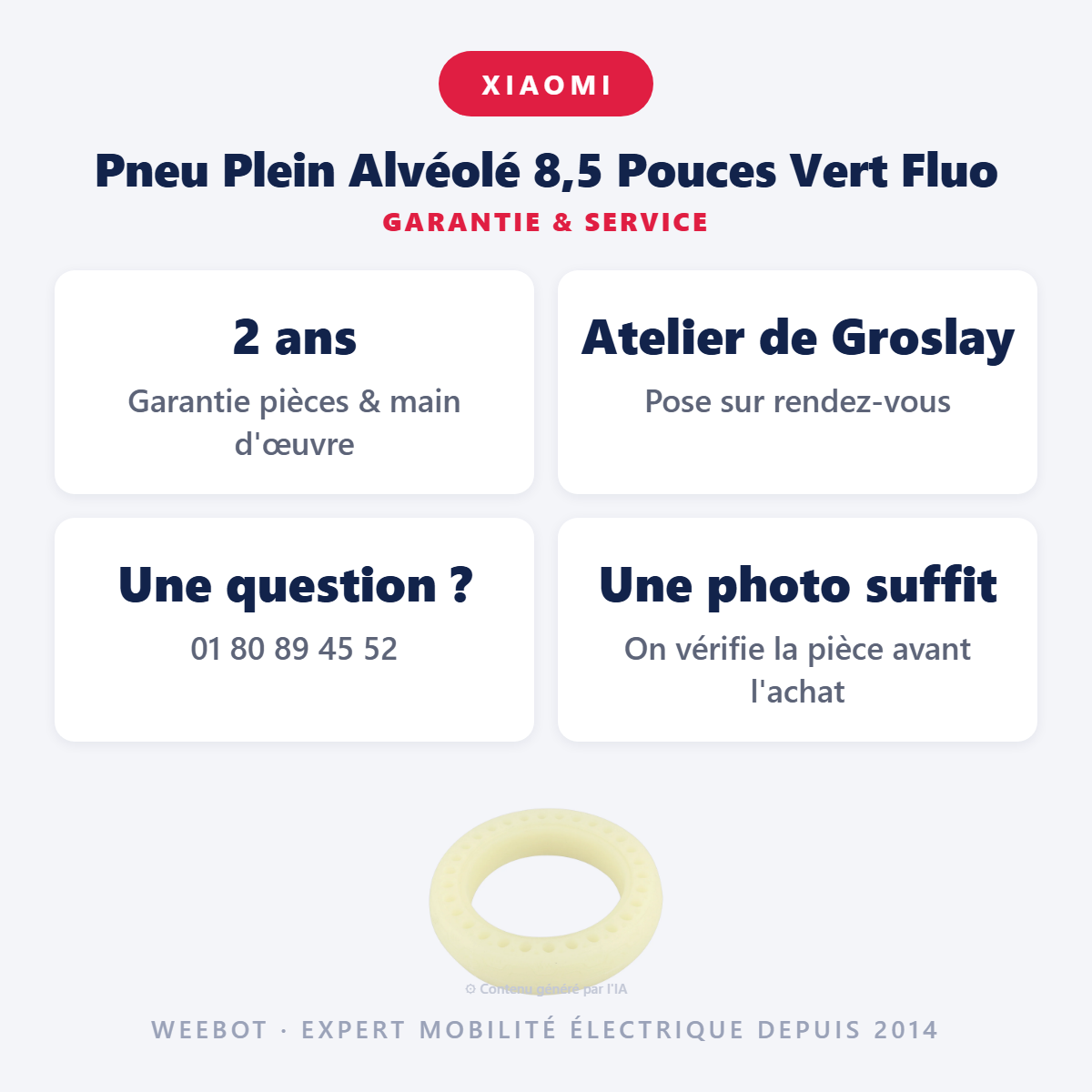 Pneu Plein Alvéolé 8,5 Pouces Vert Fluo : garantie 2 ans et service après-vente