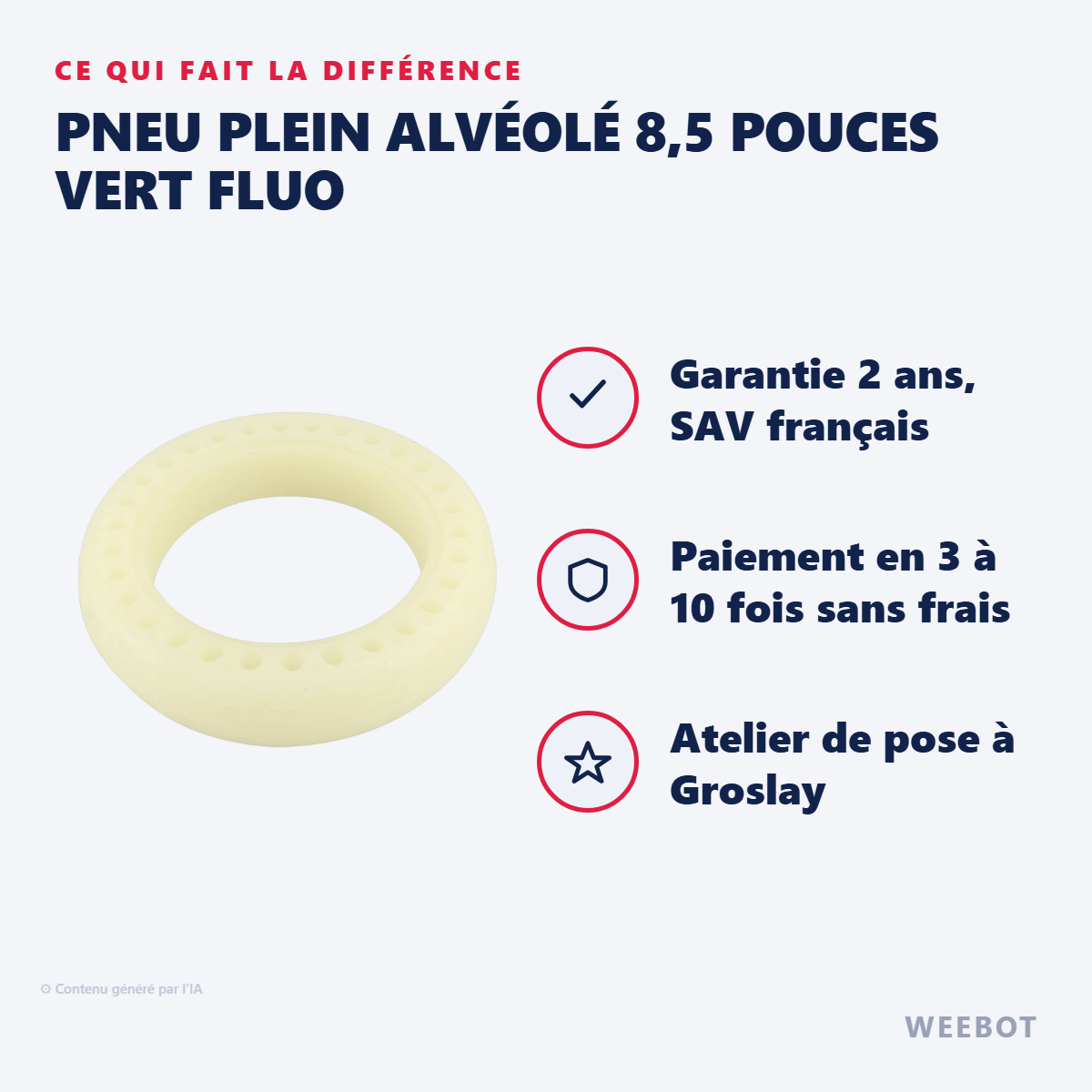 Pneu Plein Alvéolé 8,5 Pouces Vert Fluo : les points forts