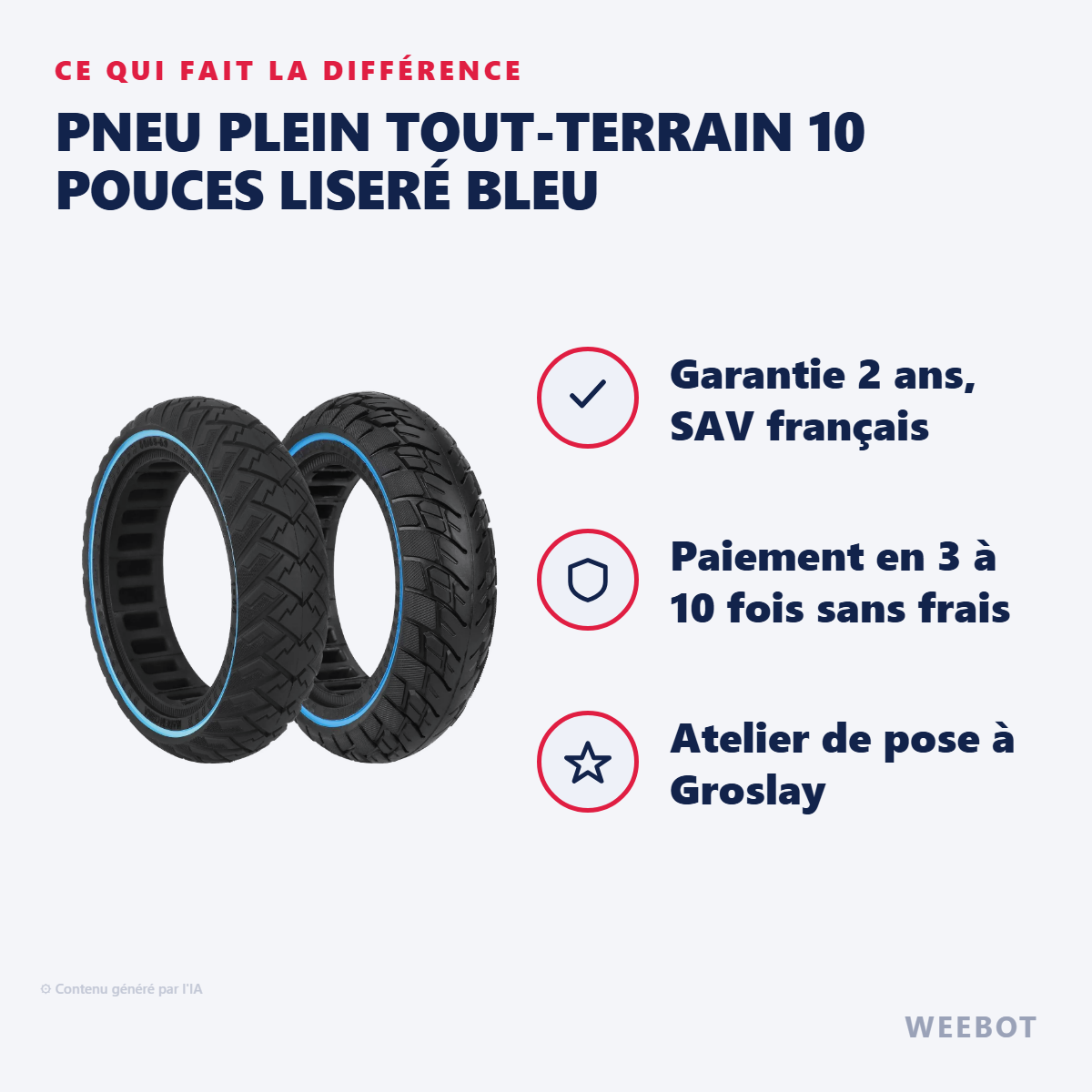 Pneu Plein Tout-Terrain 10 Pouces Liseré Bleu : les points forts